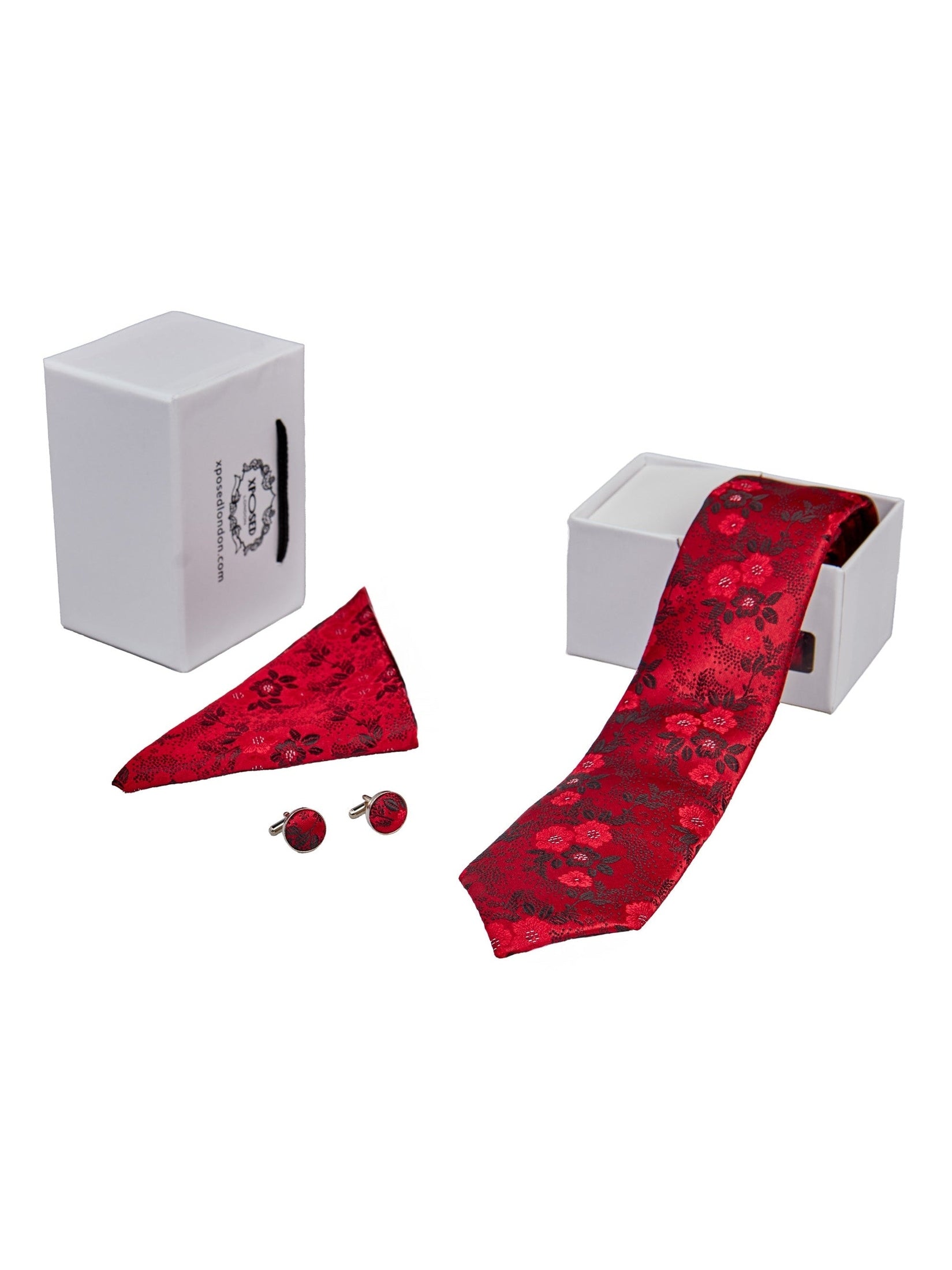 RED FLORAL FOLIAGE PRINT NECK TIE SET
