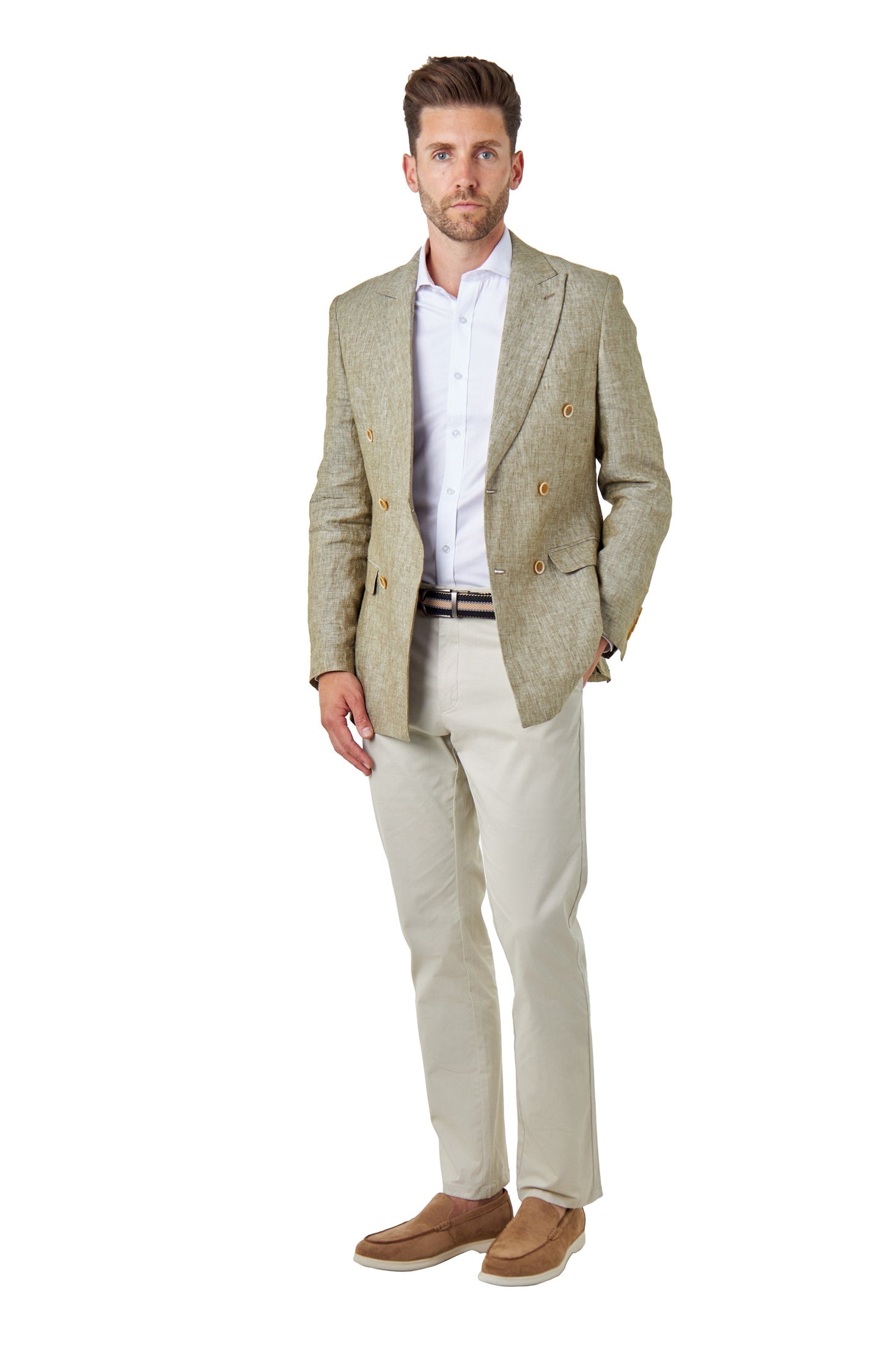 LEWIS - Tailored Fit Sage Green Linen Double Breasted Jacket