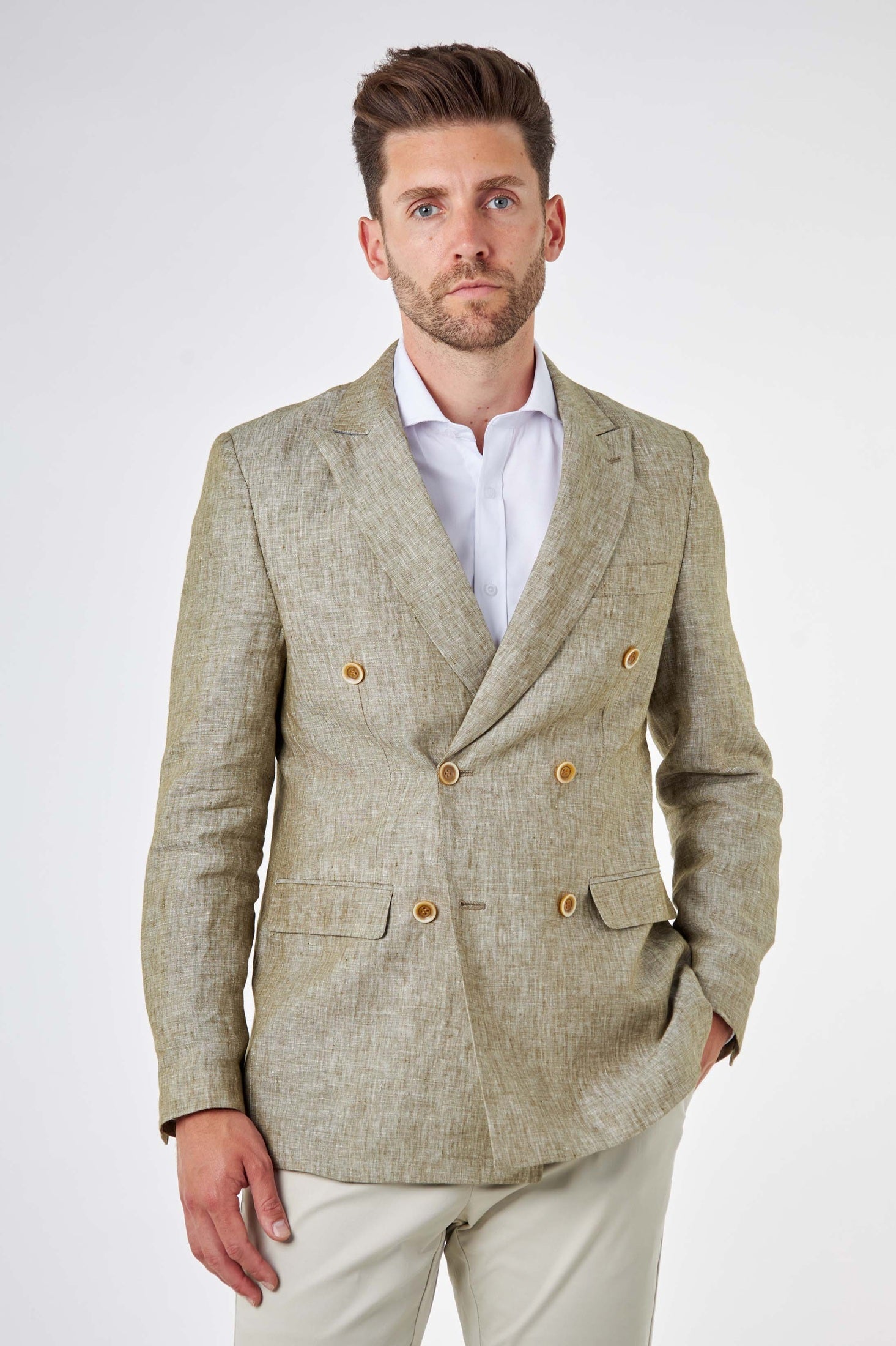 Mens Linen Sage Green Tailored Fit Double Breasted Suit Jacket XPOSED Mens Linen Sage Green Tailored Fit Double Breasted Suit Jacket XPOSED