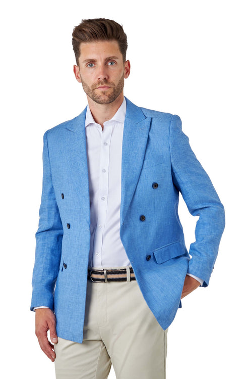 LEWIS - Tailored Fit Sky Blue Linen Double Breasted Suit Jacket