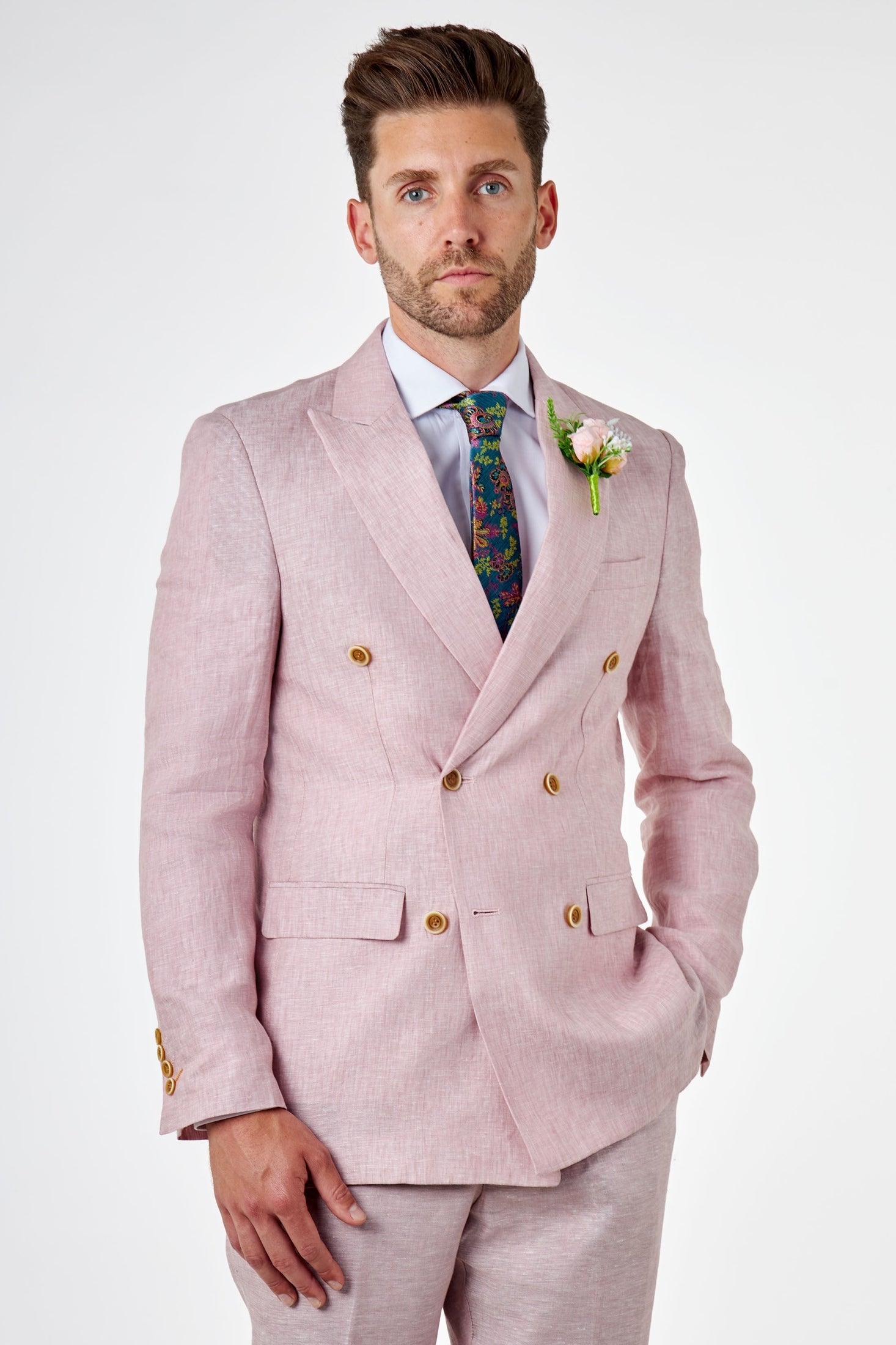LEWIS - Tailored Fit Pink Linen Double Breasted Suit Jacket