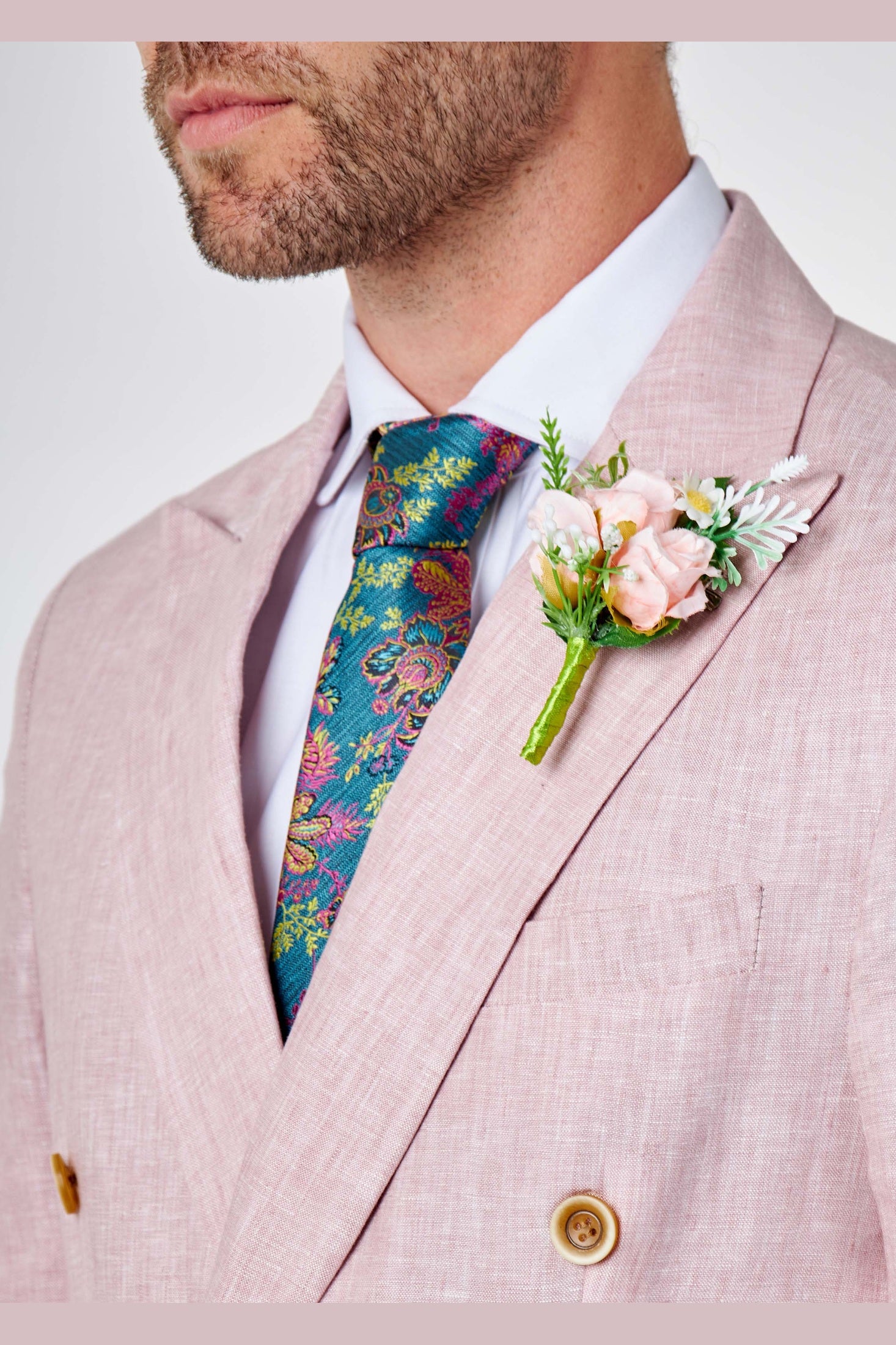 LEWIS - Tailored Fit Pink Linen Double Breasted Suit Jacket