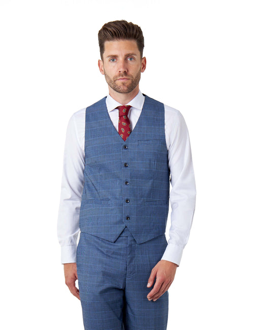 EKON - Blue Prince of Wales Check Tailored Fit Waistcoat