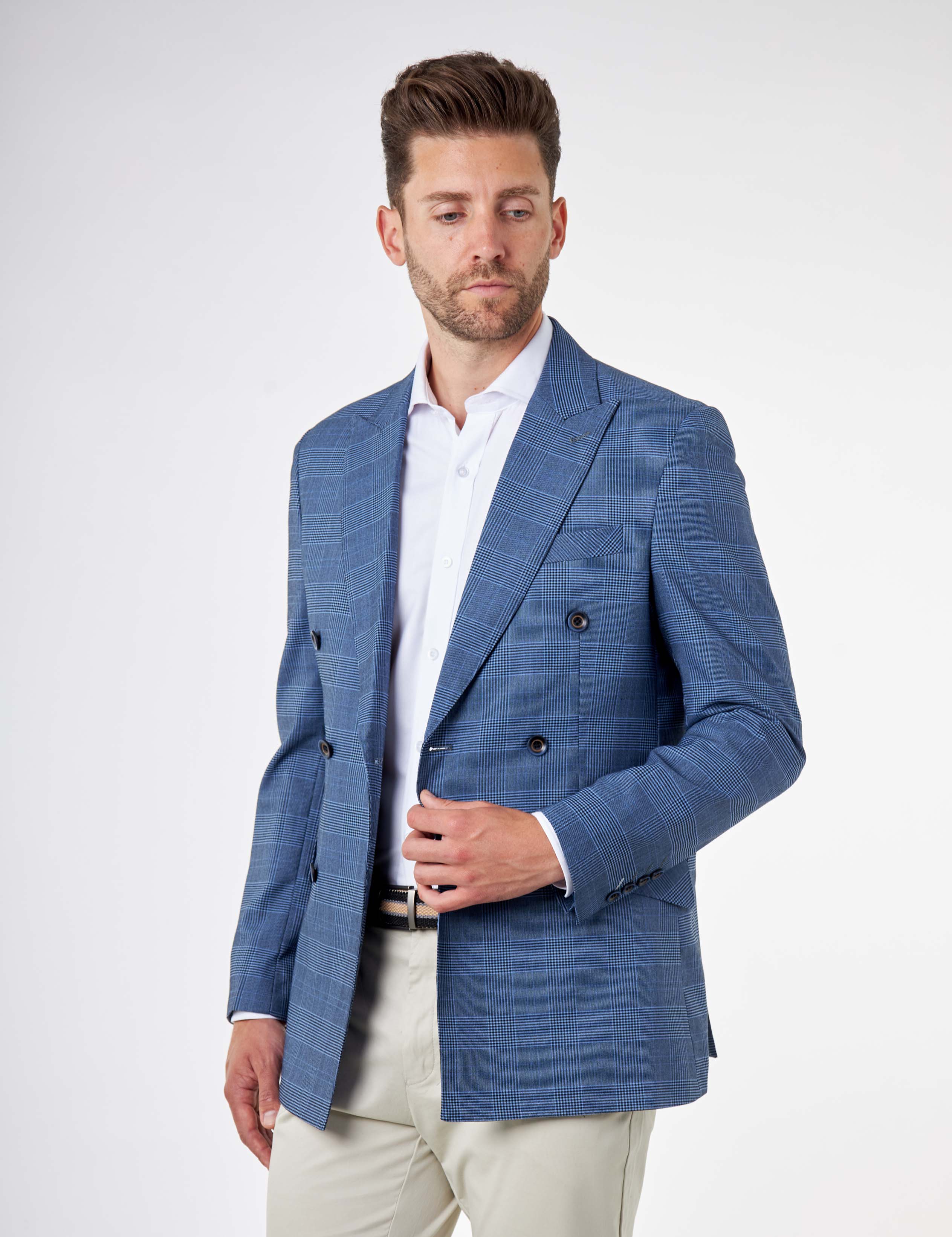 EKON – Blue Price of Wales Check Tailored Double Breasted Jacket