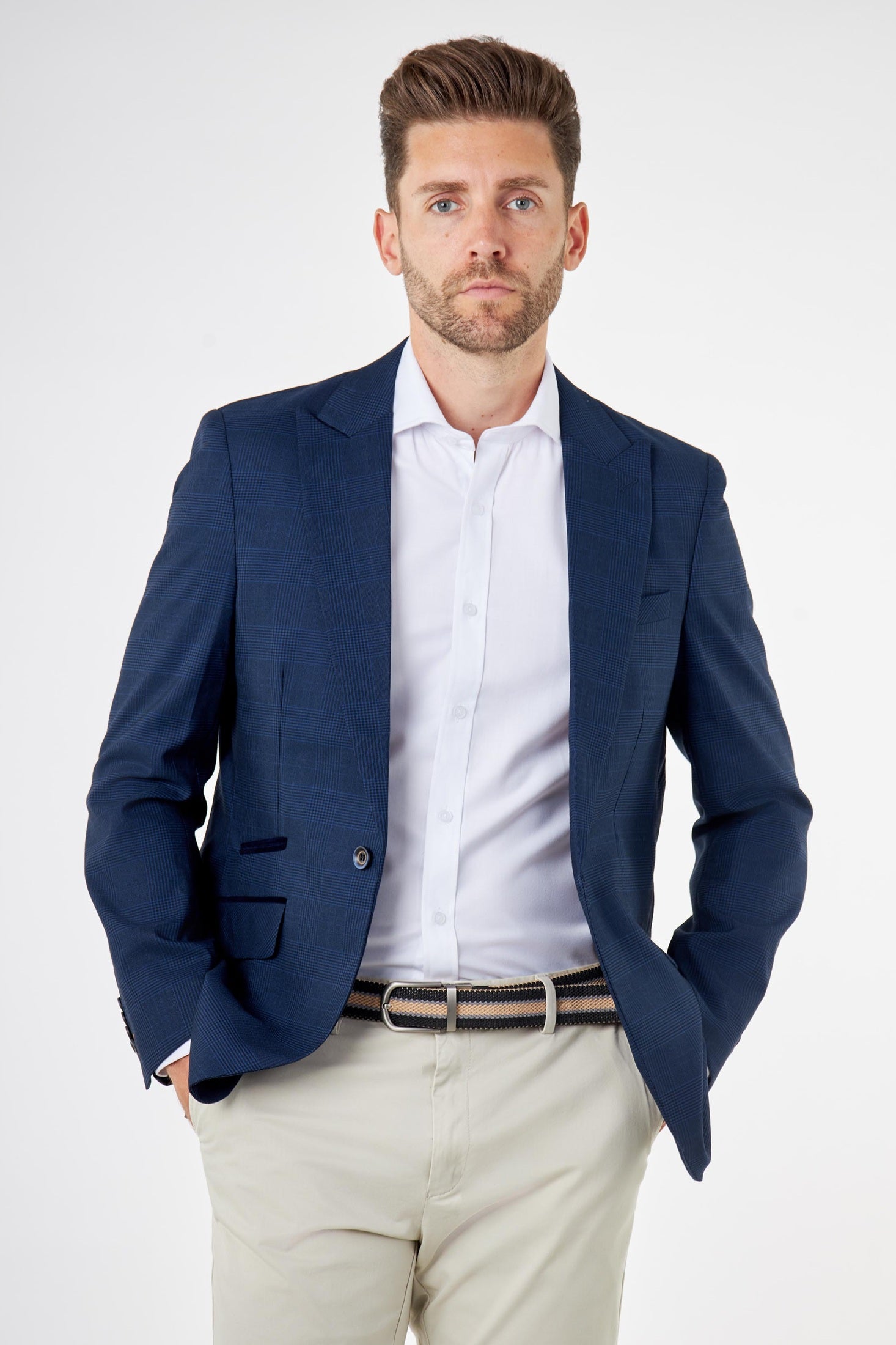 EKON – Navy Blue Prince of Wales Check Tailored Suit Jacket