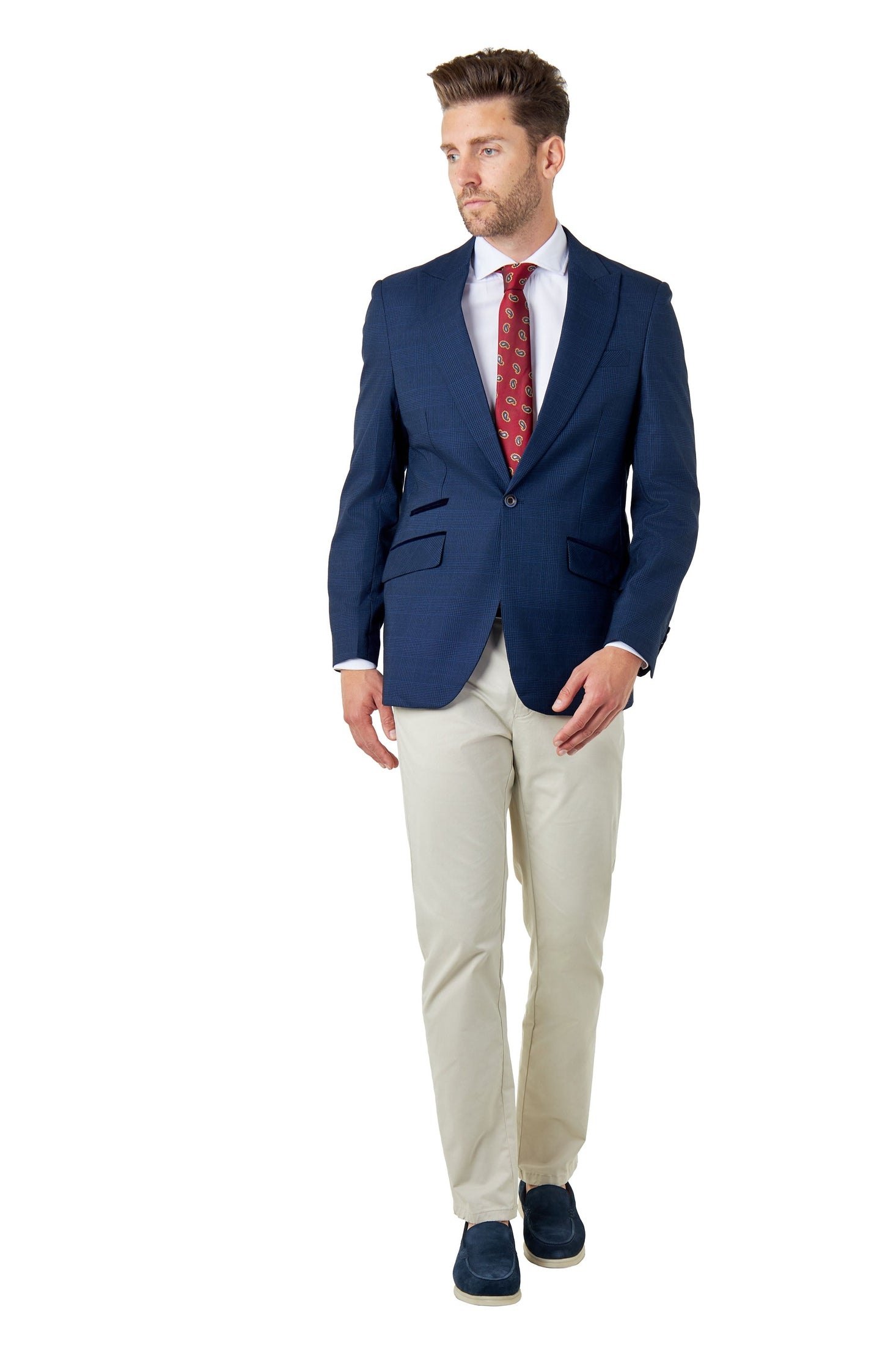 EKON – Navy Blue Prince of Wales Check Tailored Suit Jacket