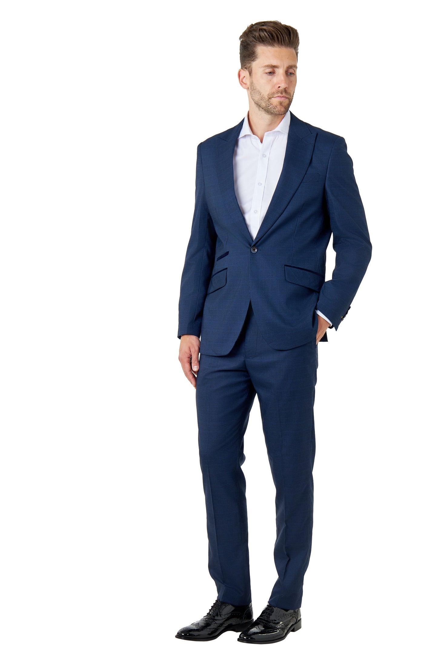 EKON – Navy Blue Prince of Wales Check Tailored Suit Jacket