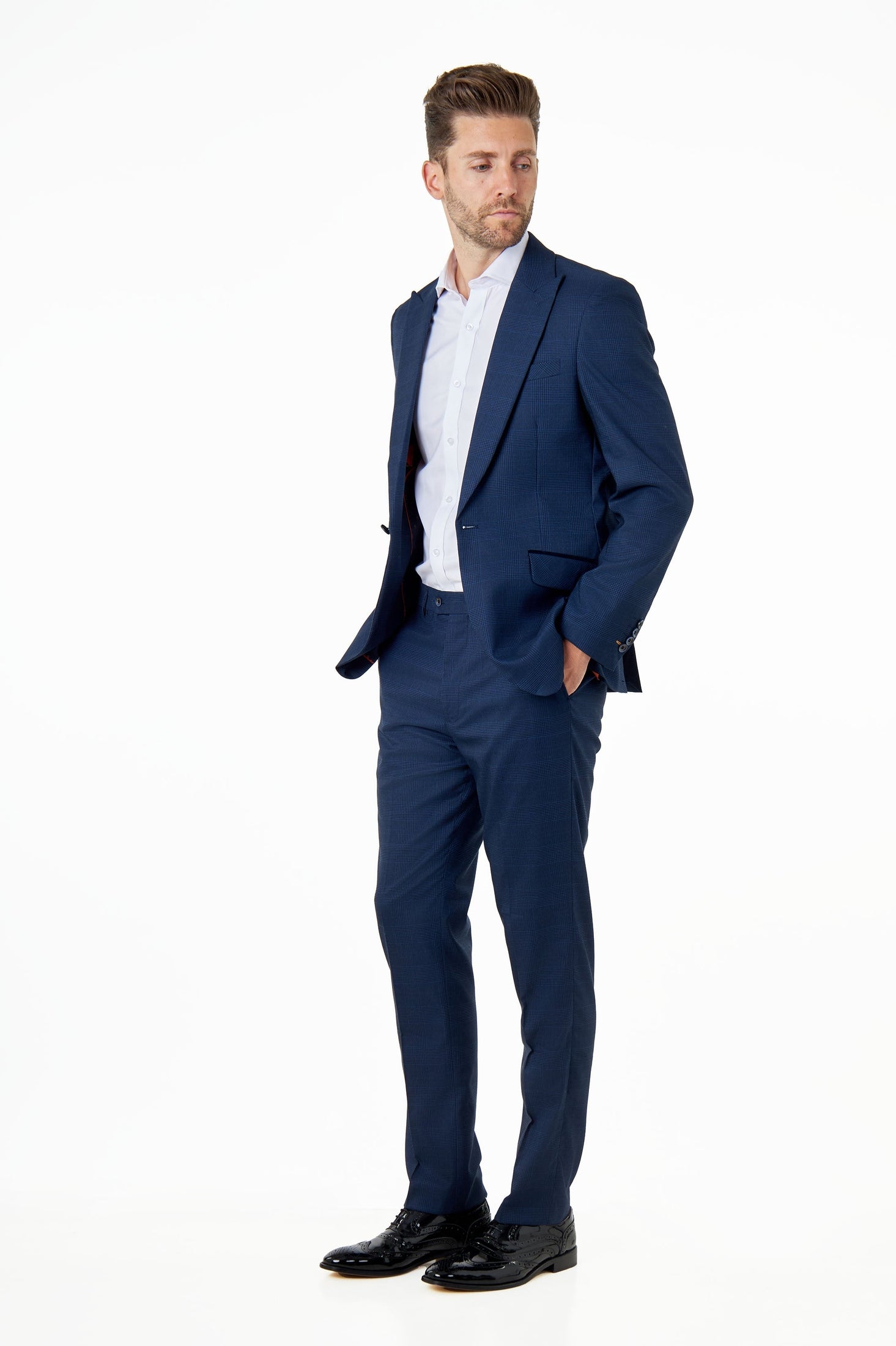 EKON – Navy Blue Prince of Wales Check Tailored Suit Jacket