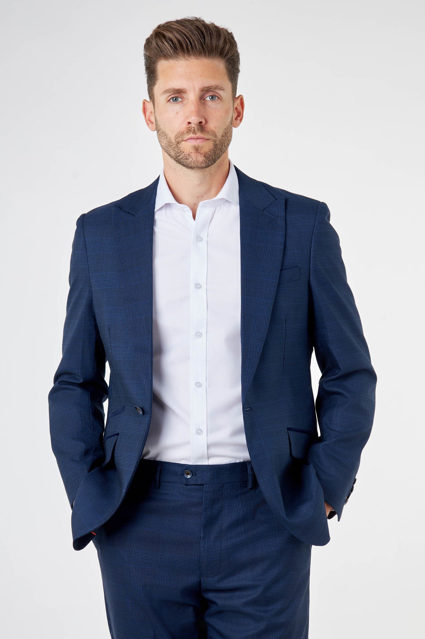 EKON – Navy Blue Prince of Wales Check Tailored Suit Jacket