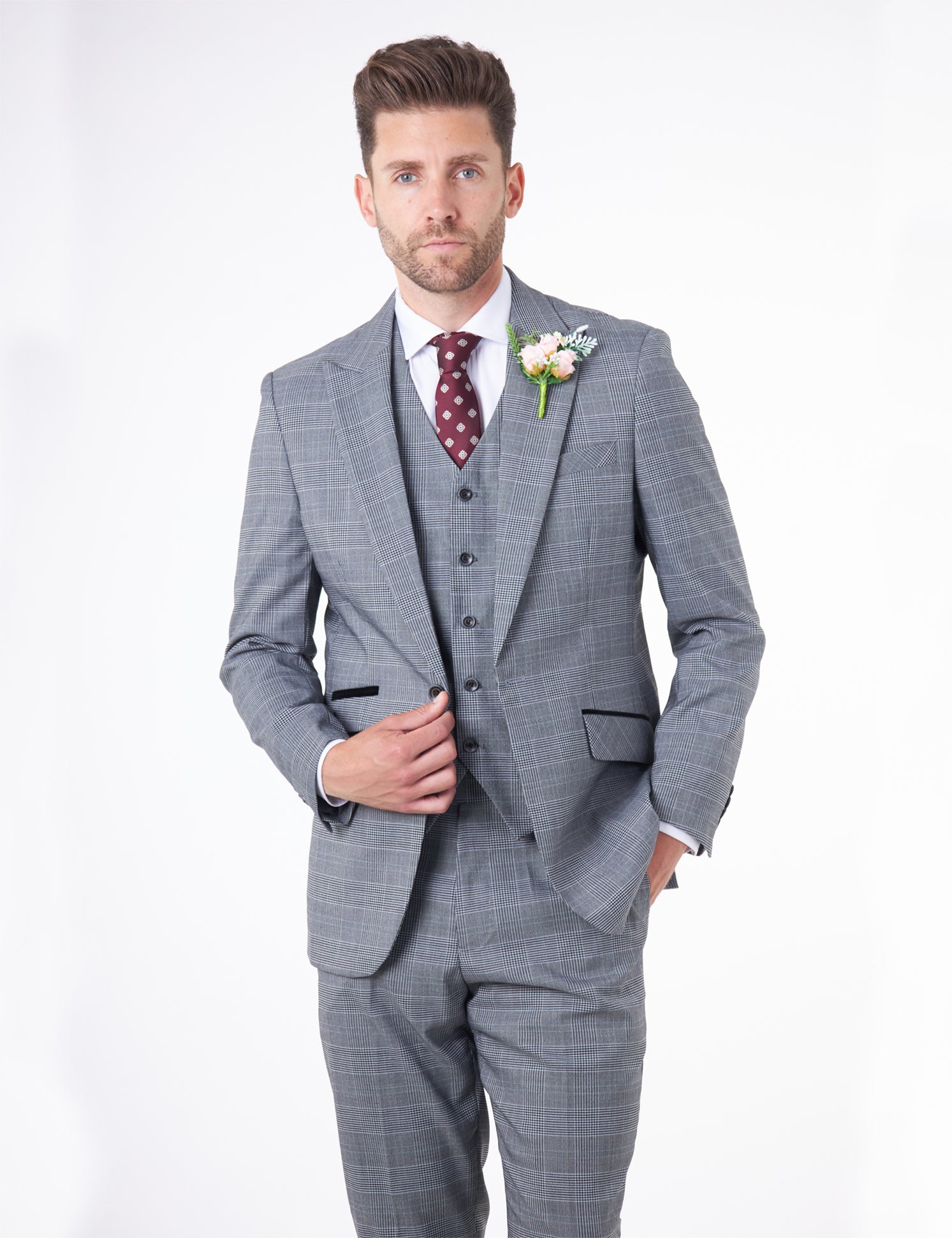 EKON - Grey Prince of Wales Check Suit 3 Piece Tailored Fit