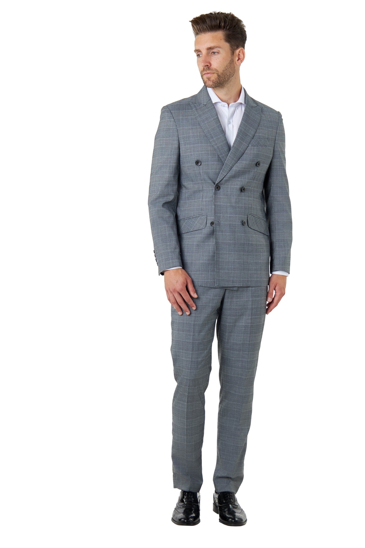 EKON – Grey Prince of Wales Check Double Breasted Suit Jacket