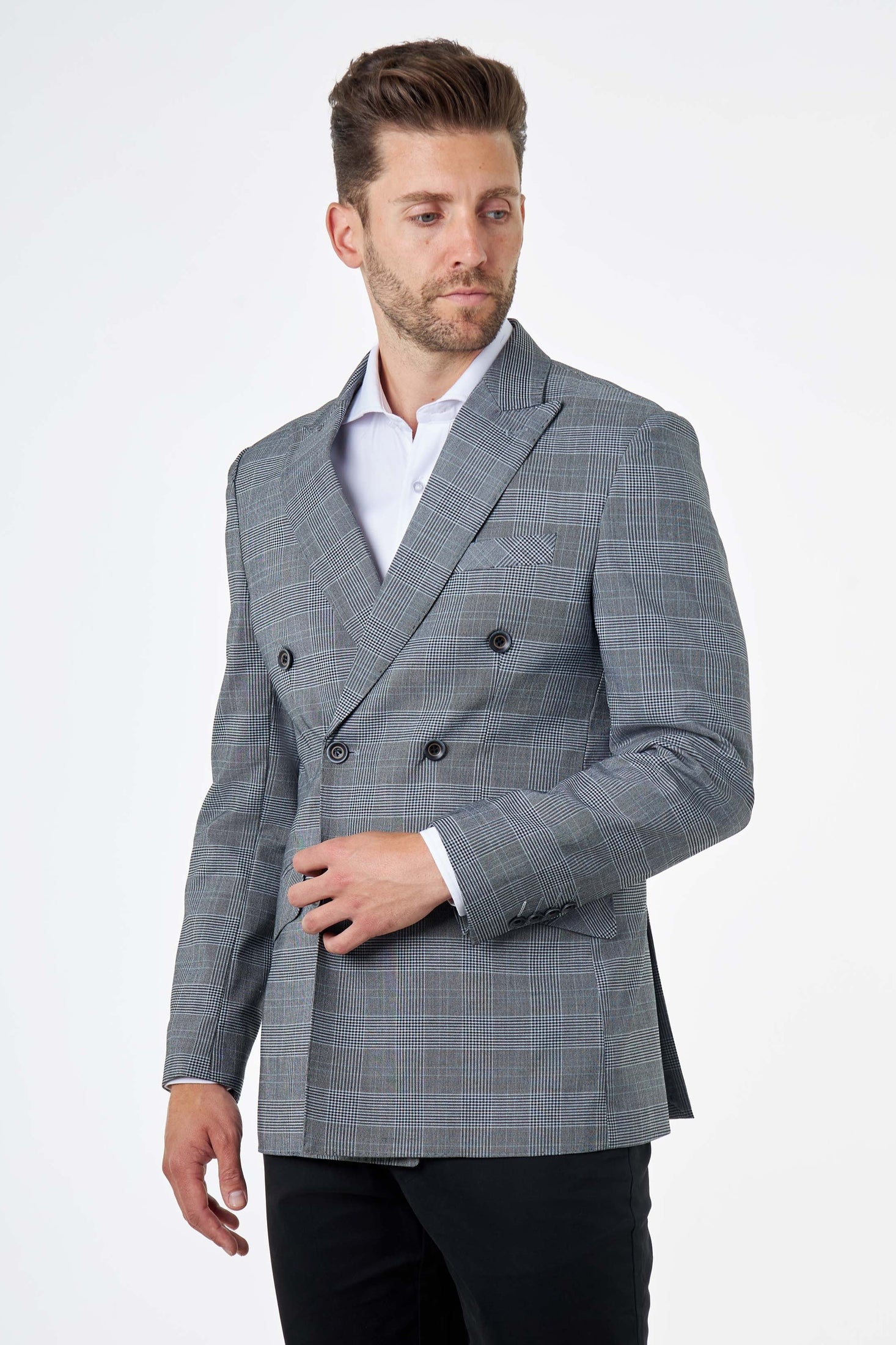 EKON – Grey Prince of Wales Check Double Breasted Suit Jacket