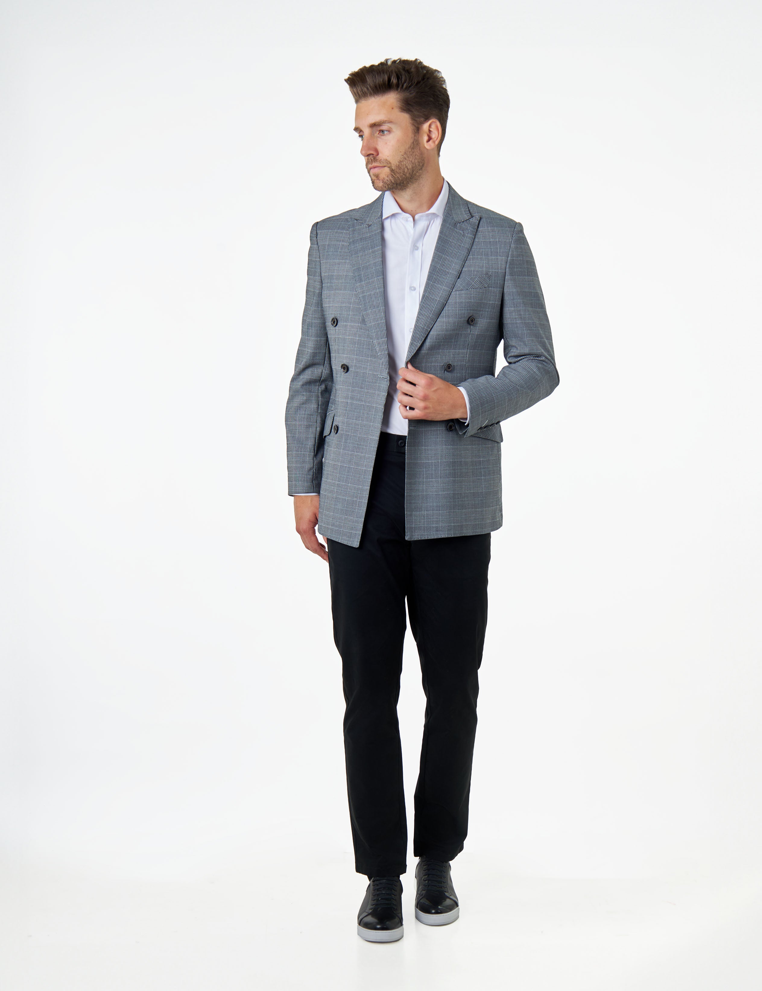 EKON – Grey Prince of Wales Check Double Breasted Suit Jacket
