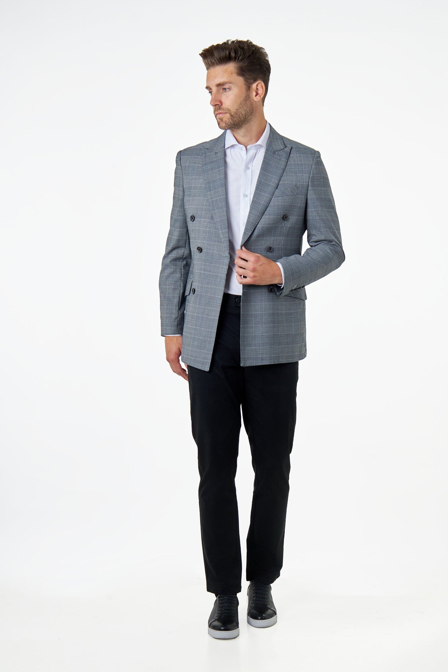 EKON – Grey Prince of Wales Check Double Breasted Suit Jacket