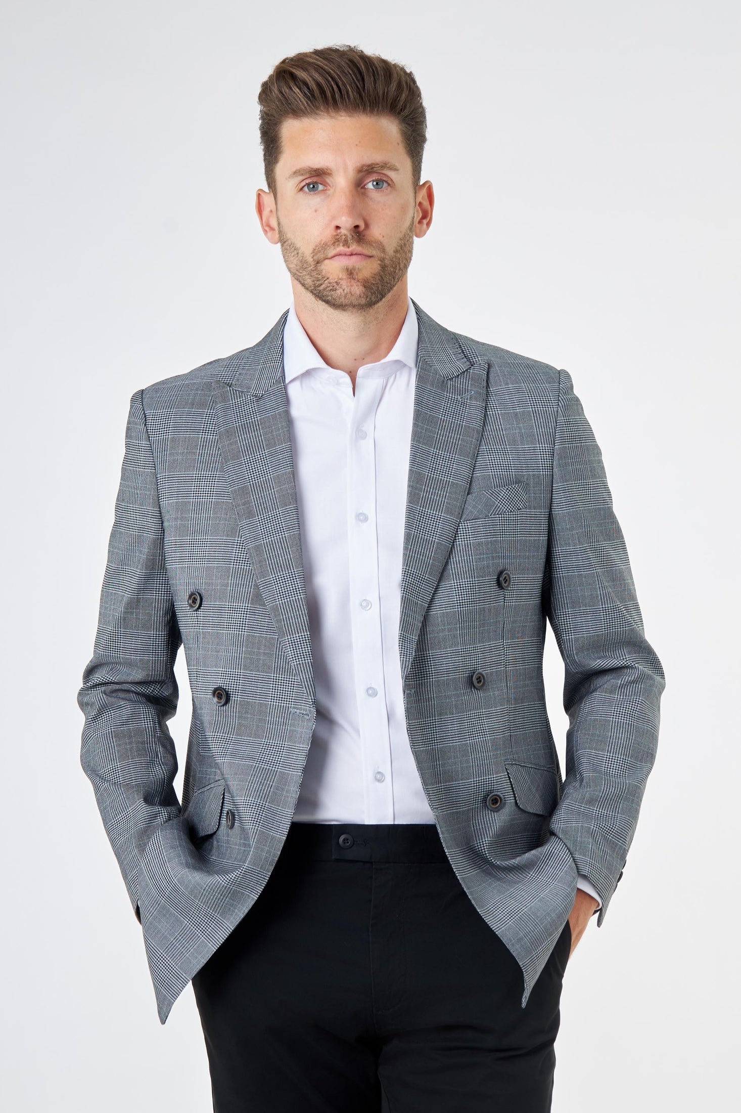 EKON – Grey Prince of Wales Check Double Breasted Suit Jacket