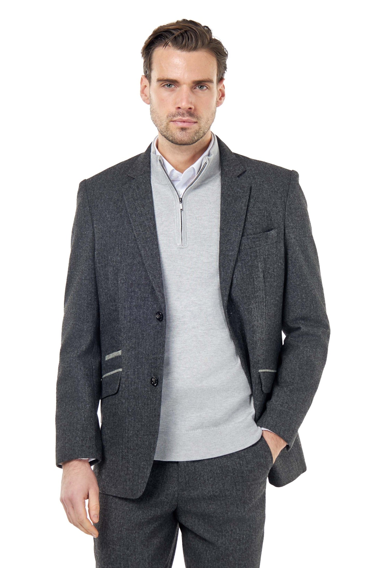 BRUCE – Charcoal Grey Herringbone Wool Jacket