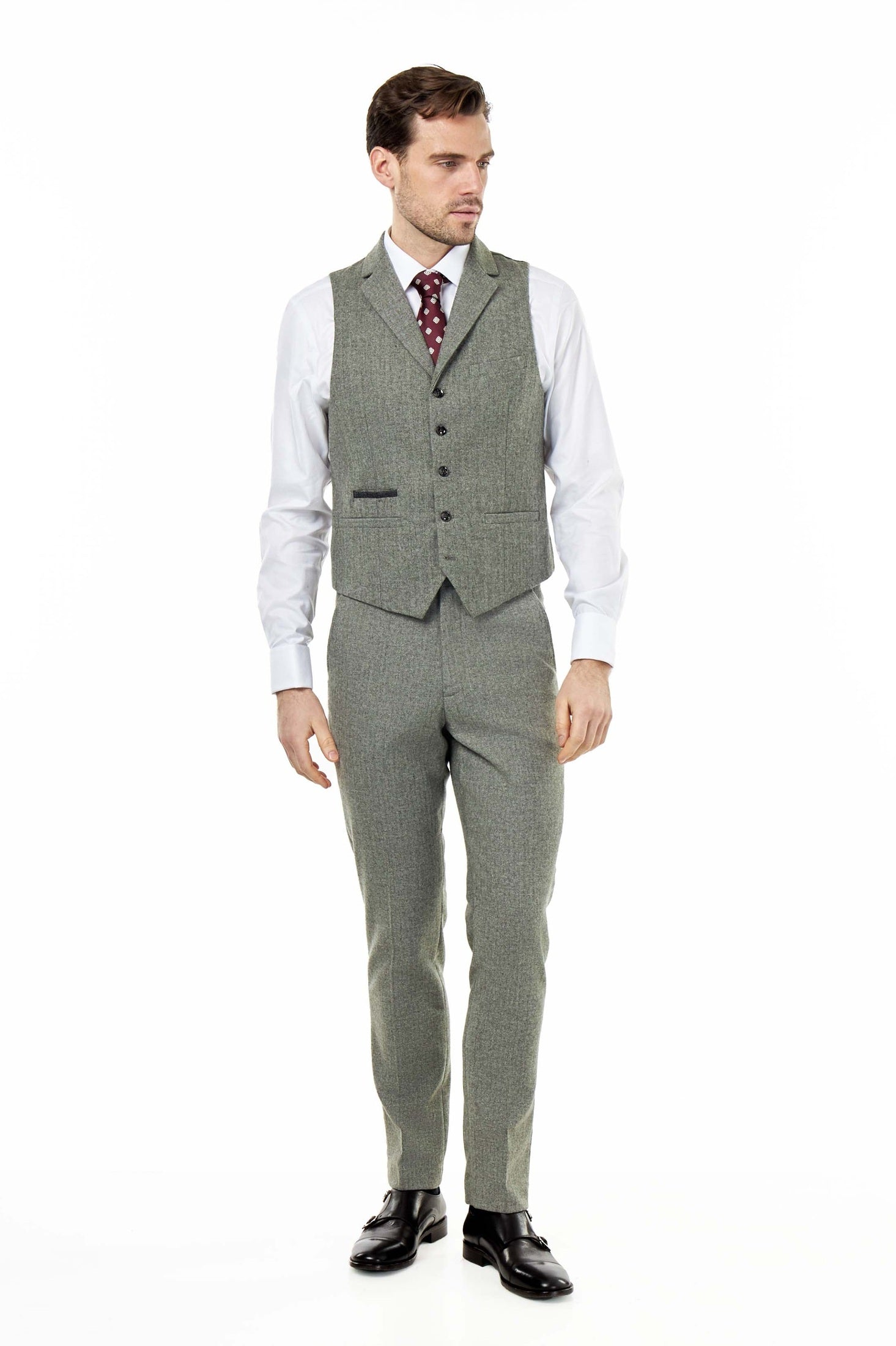 BRUCE – TAILORED SAGE GREEN WOOL RICH SUIT HERRINGBONE