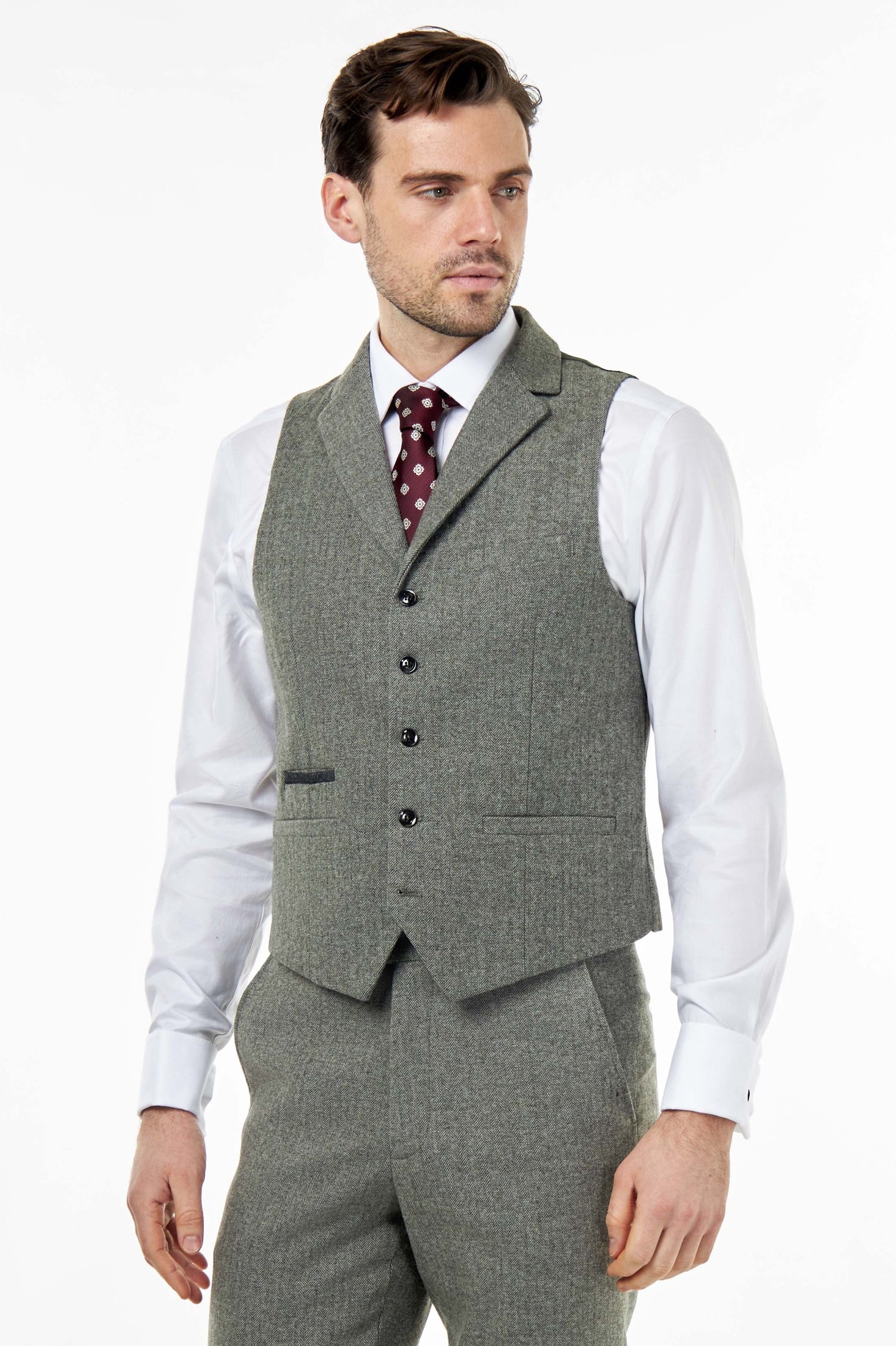 BRUCE – TAILORED SAGE GREEN WOOL RICH SUIT HERRINGBONE