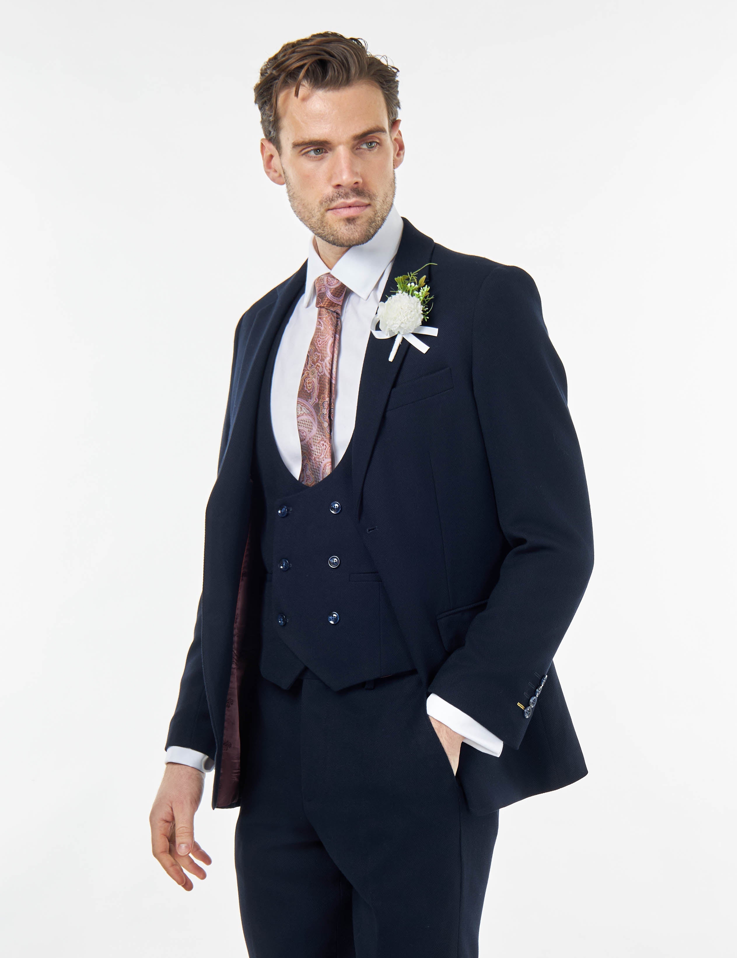 ZAK - NAVY BLUE HONEYCOMB TAILORED 3 PIECE SUIT