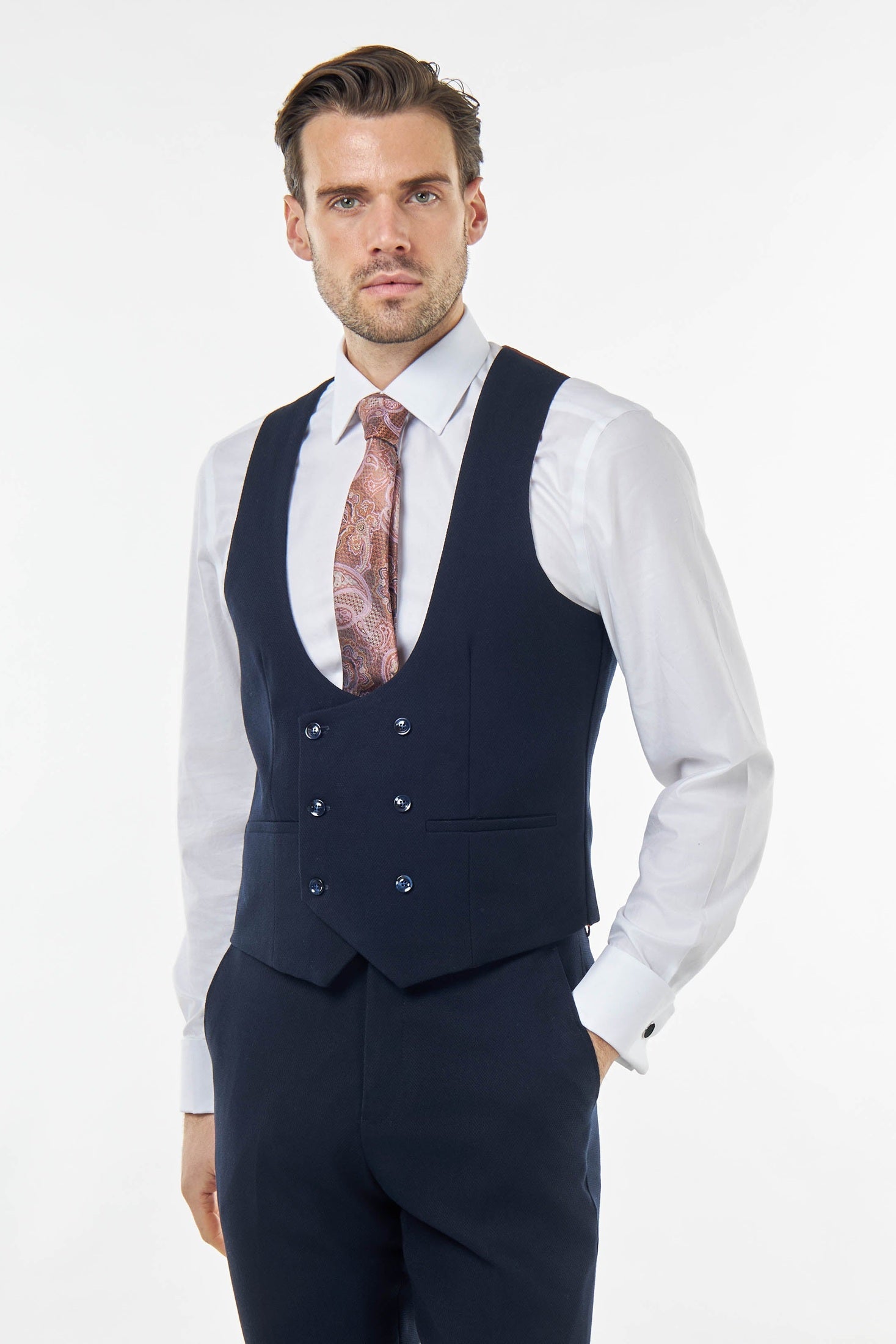 Zak - Mens Navy Blue Double Breatsed Waistcoat