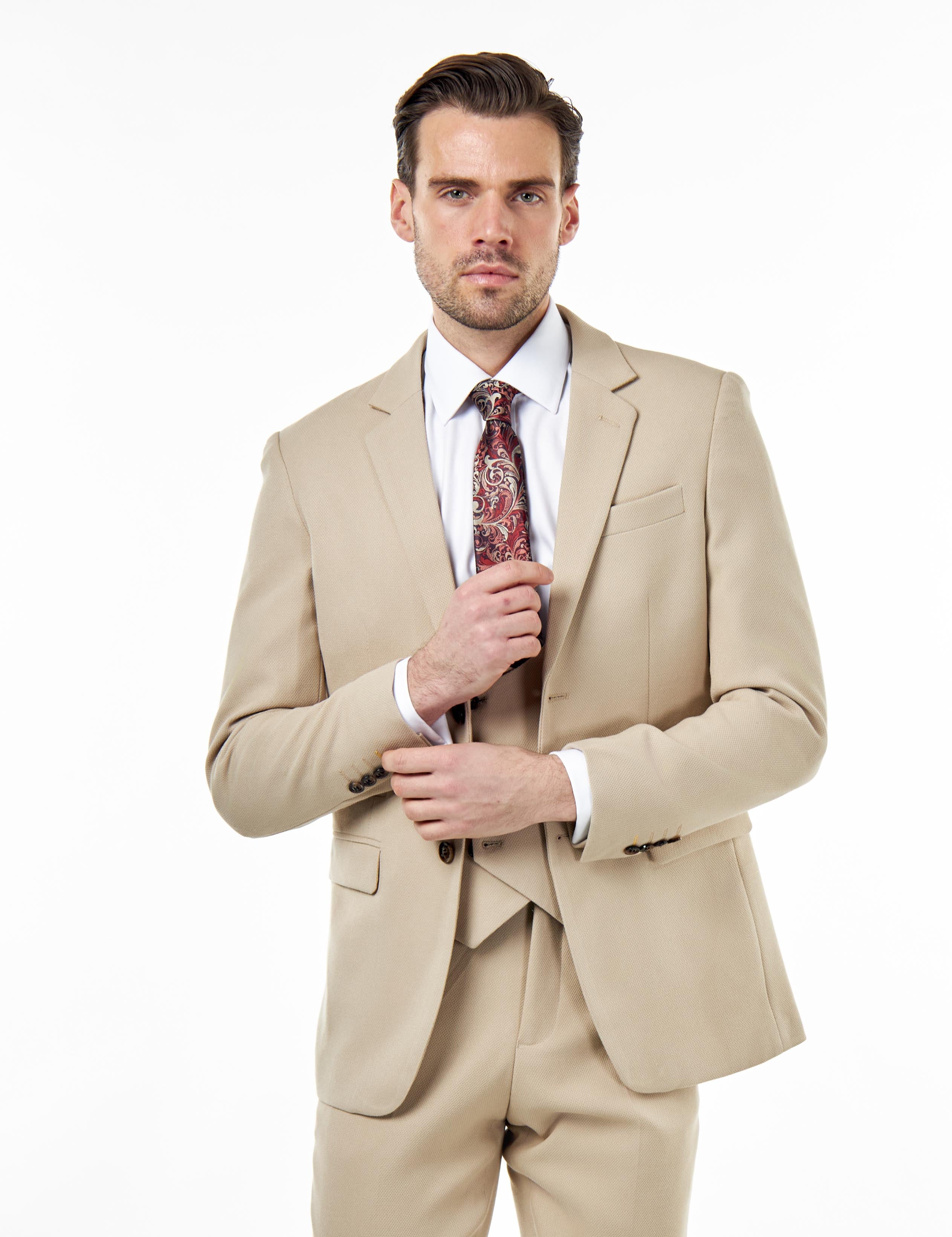 ZAK - TAILORED 3 PIECE SUIT STONE HONEYCOMB