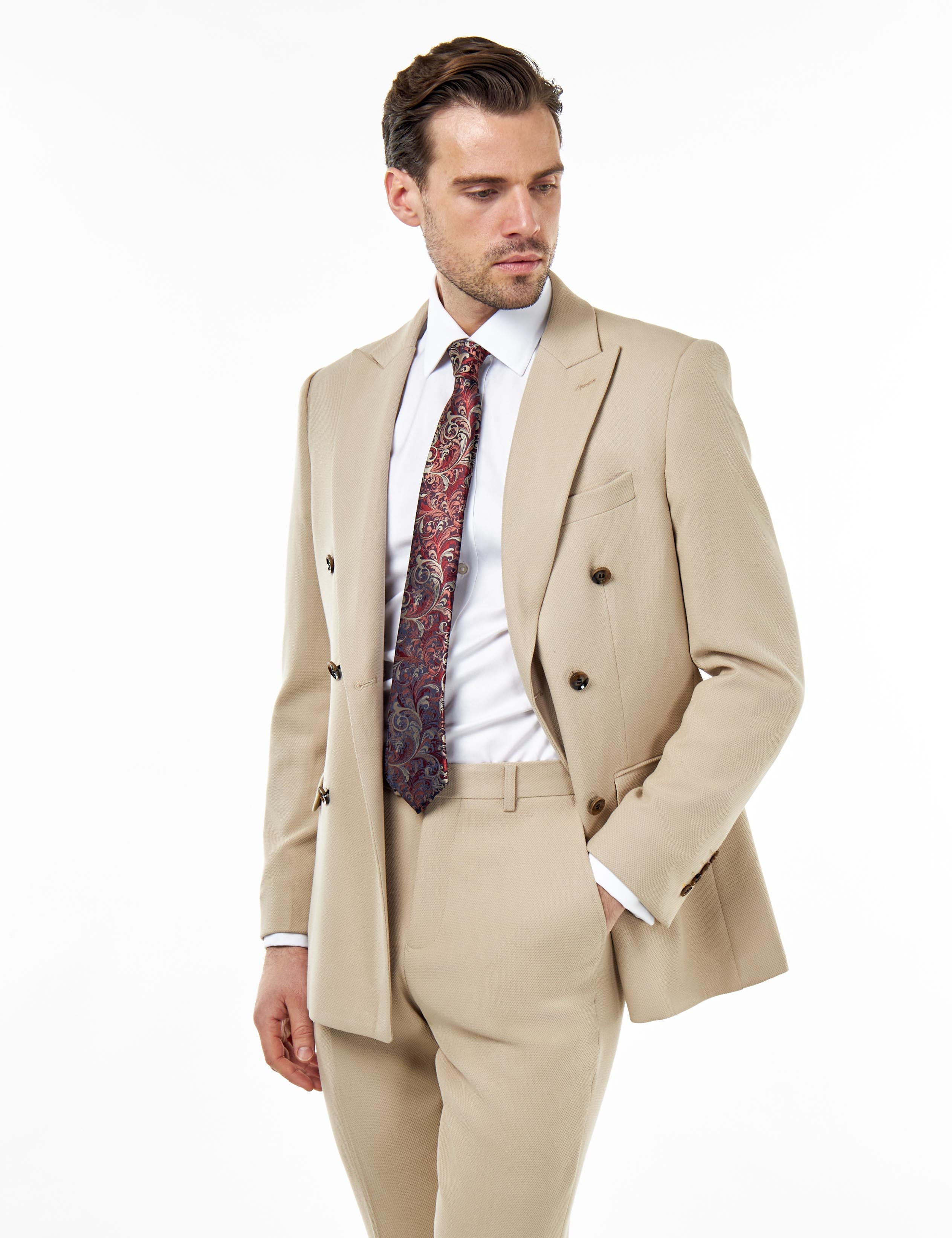 ZAK – DOUBLE BREASTED SUIT JACKET IN STONE HONEYCOMB