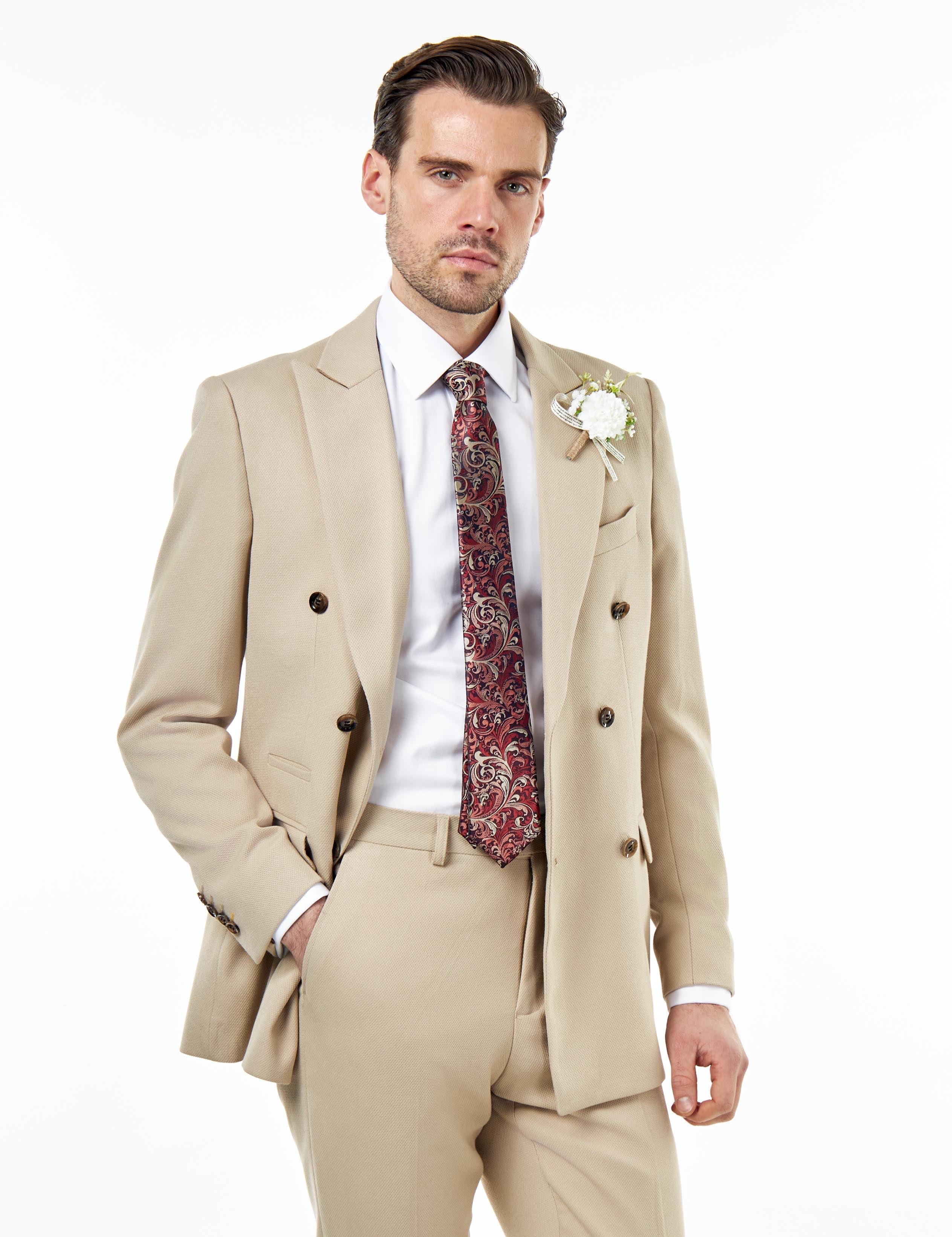 ZAK – DOUBLE BREASTED SUIT JACKET IN STONE HONEYCOMB