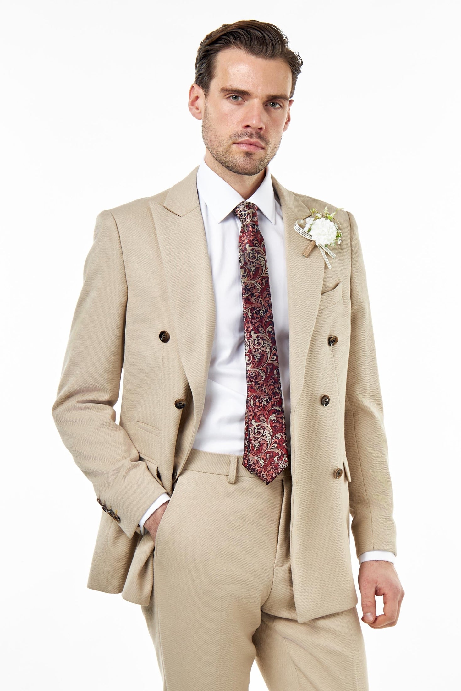 ZAK – DOUBLE BREASTED SUIT JACKET IN STONE HONEYCOMB