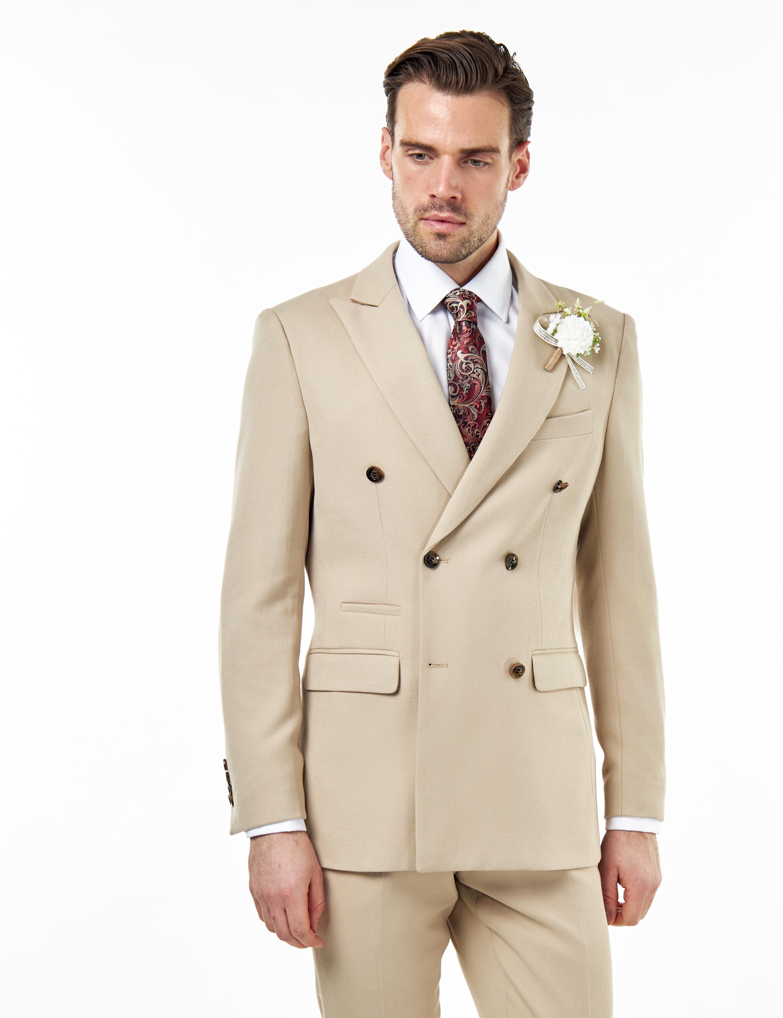 ZAK – DOUBLE BREASTED SUIT JACKET IN STONE HONEYCOMB