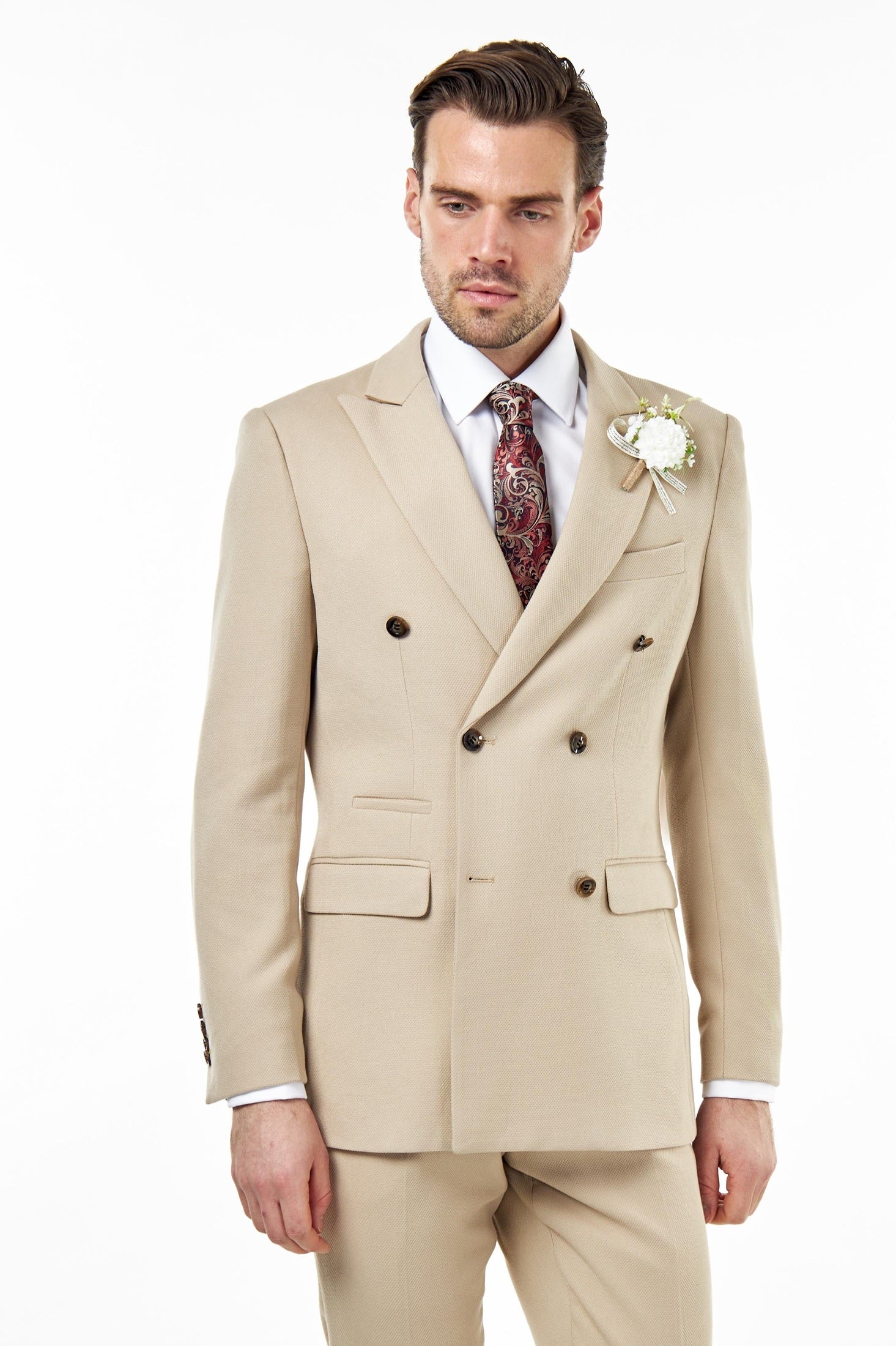 ZAK – DOUBLE BREASTED SUIT JACKET IN STONE HONEYCOMB