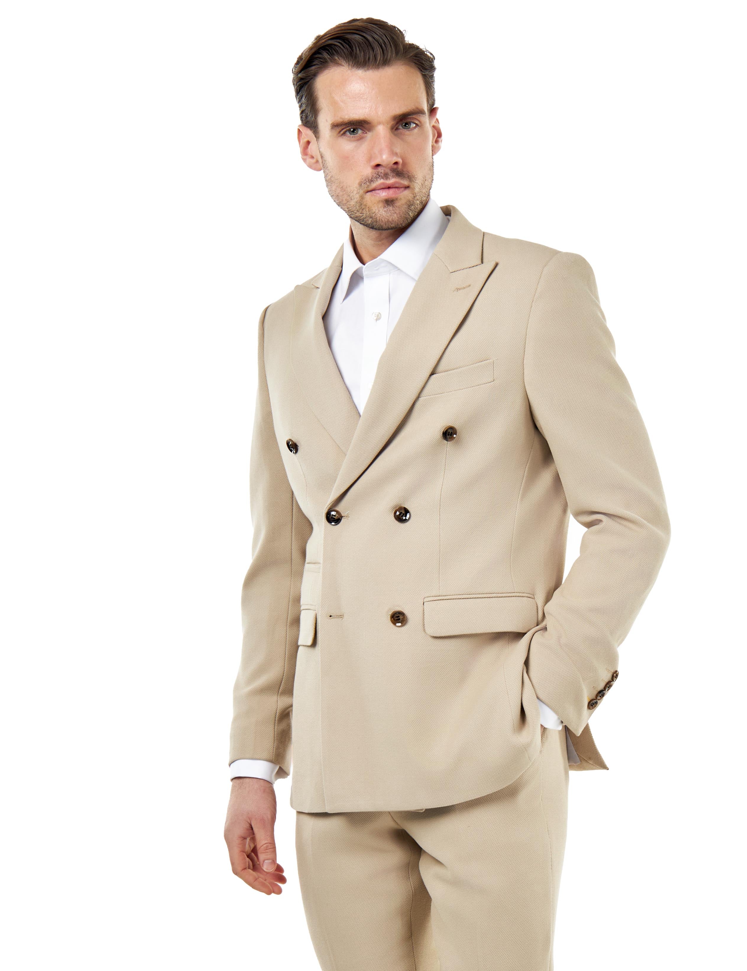 ZAK – DOUBLE BREASTED SUIT JACKET IN STONE HONEYCOMB