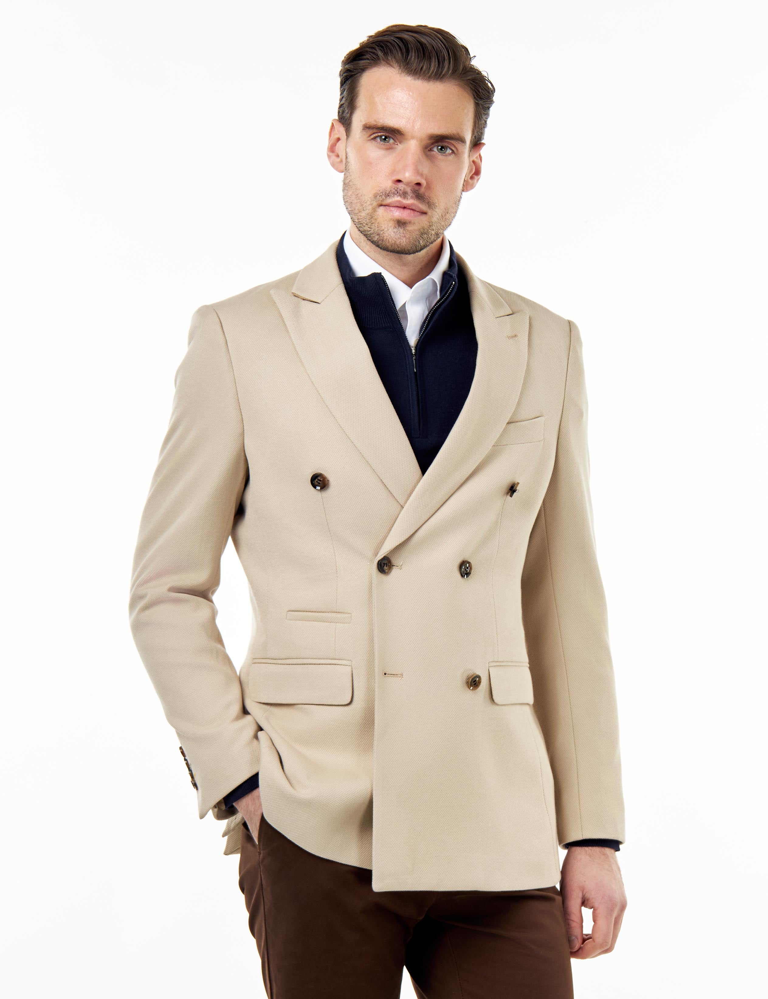 ZAK – DOUBLE BREASTED SUIT JACKET IN STONE HONEYCOMB