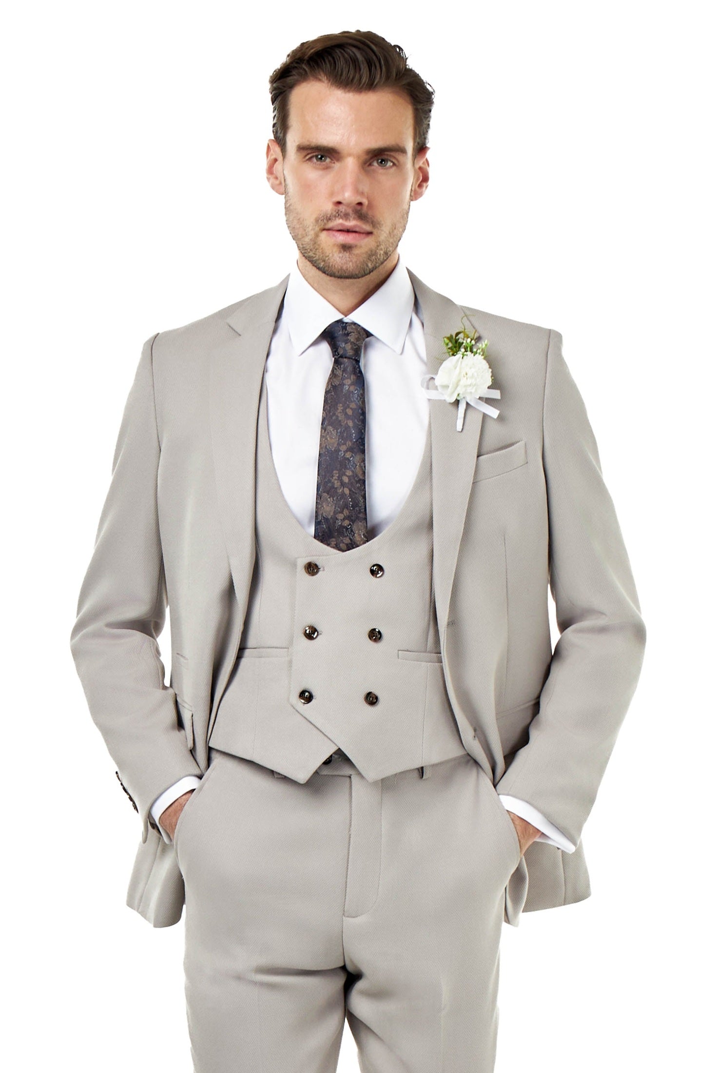 ZAK – TAUPE HONEYCOMB DOUBLE BREASTED SUIT WAISTCOAT
