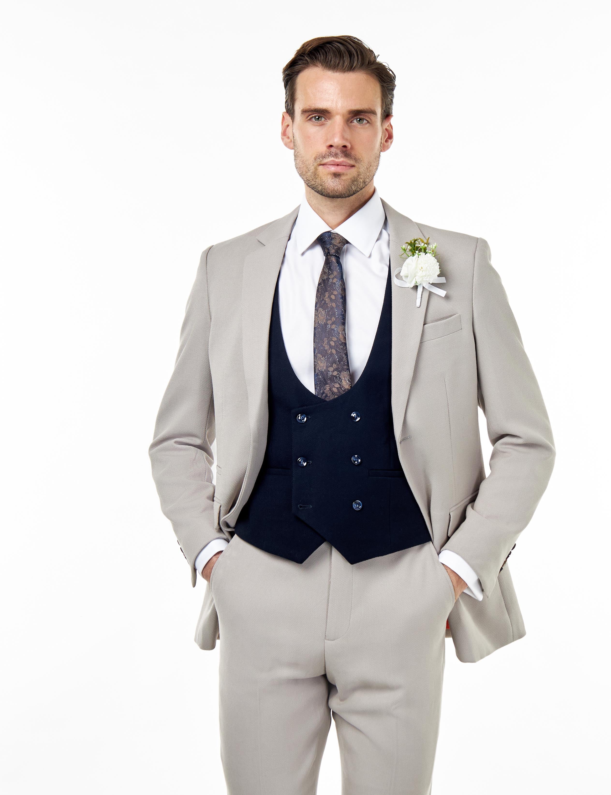 ZAK - TAILORED 3 PIECE WEDDING SUIT TAUPE HONEYCOMB