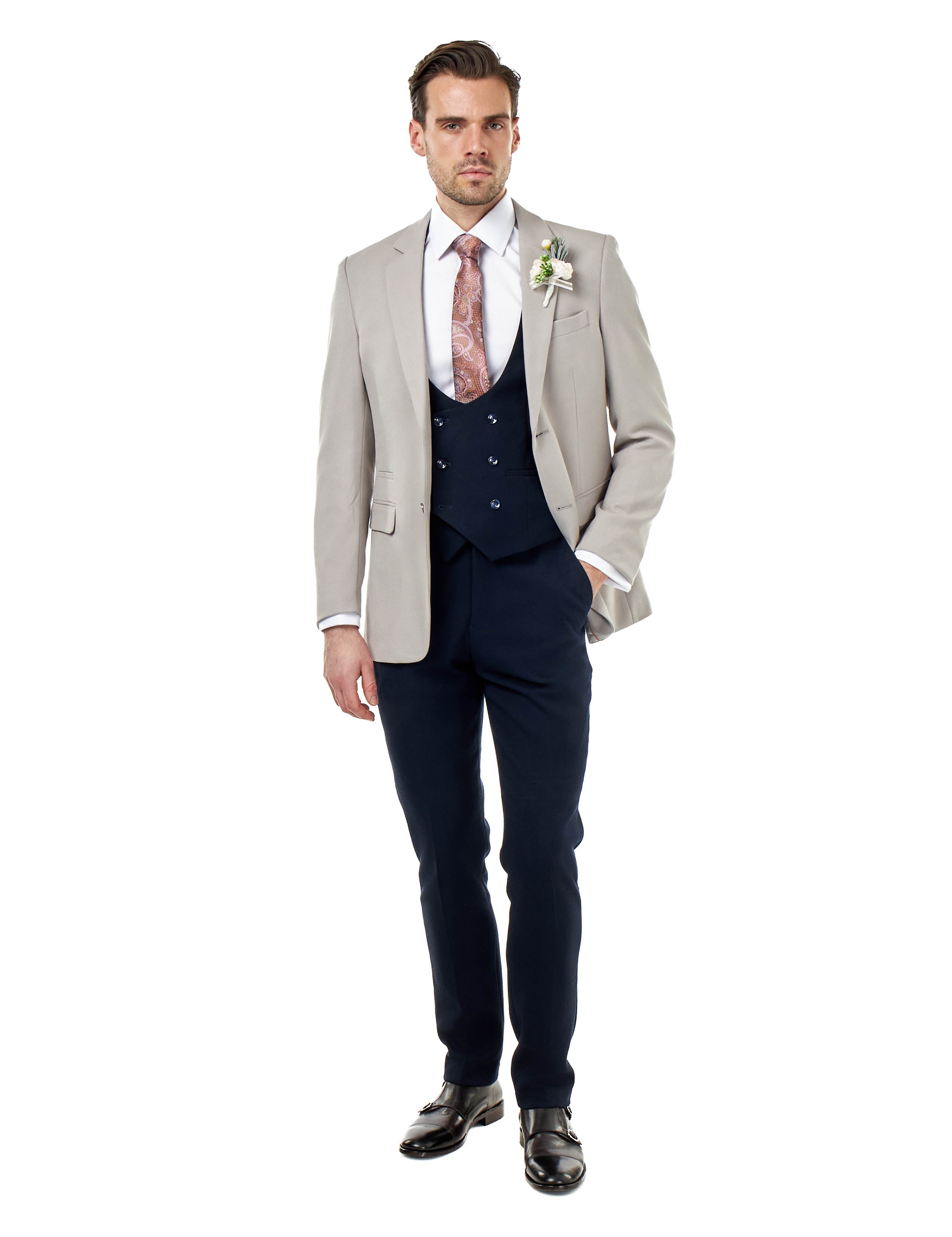 ZAK - 3 PIECE WEDDING SUIT NAVY TAUPE HONEYCOMB