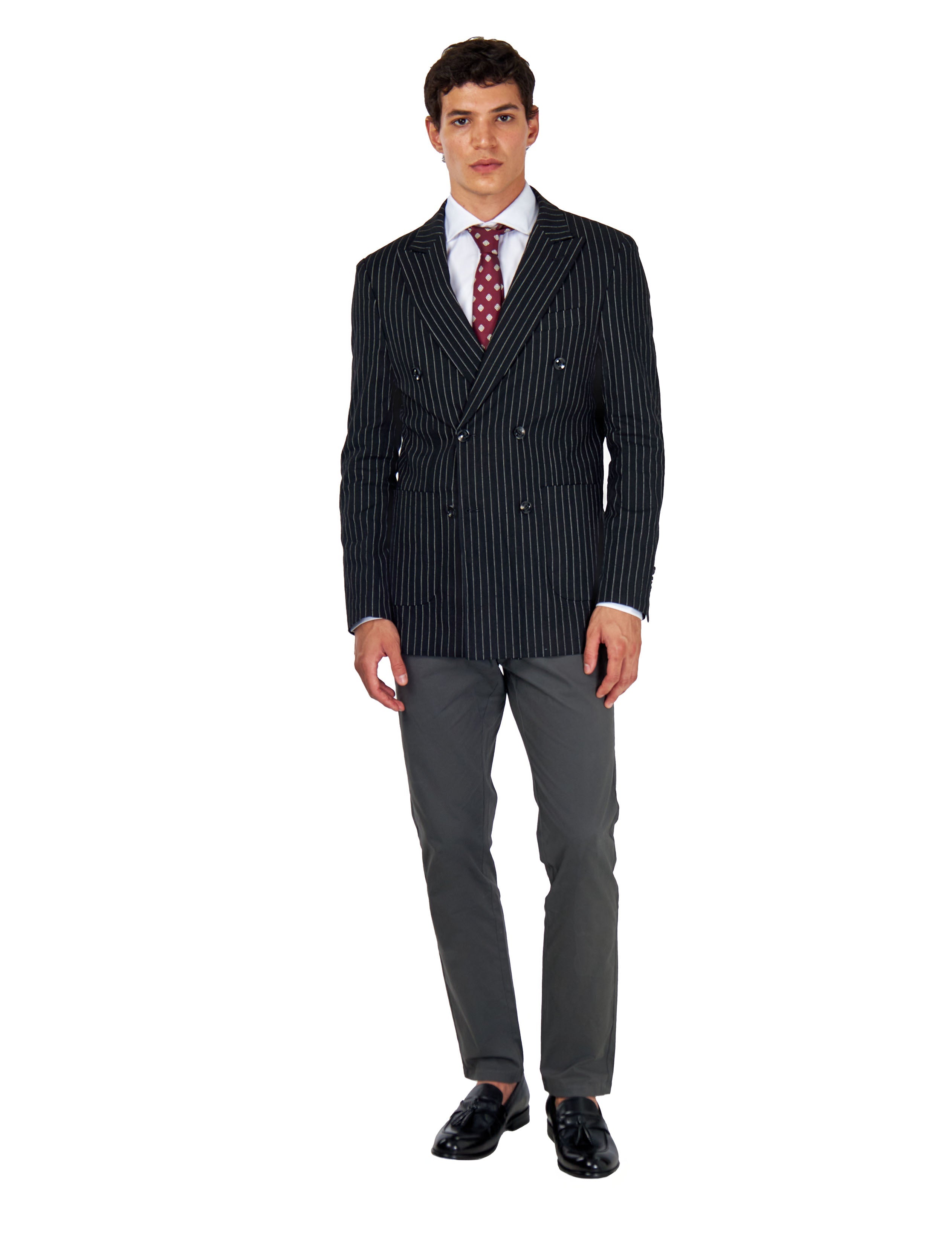 LLOYD – Double Breasted Linen Jacket In Black Pinstripes