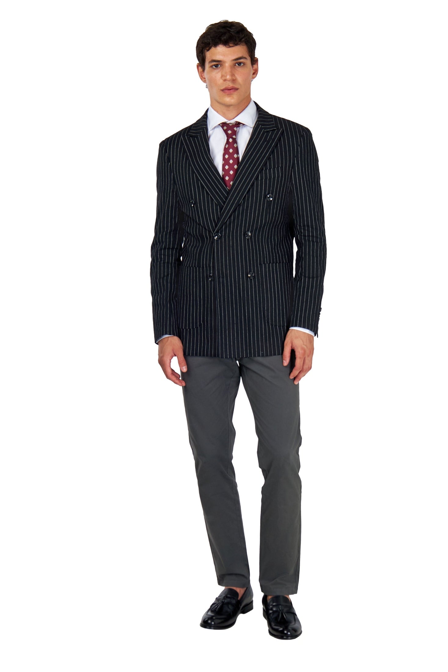 LLOYD – Double Breasted Linen Jacket In Black Pinstripes