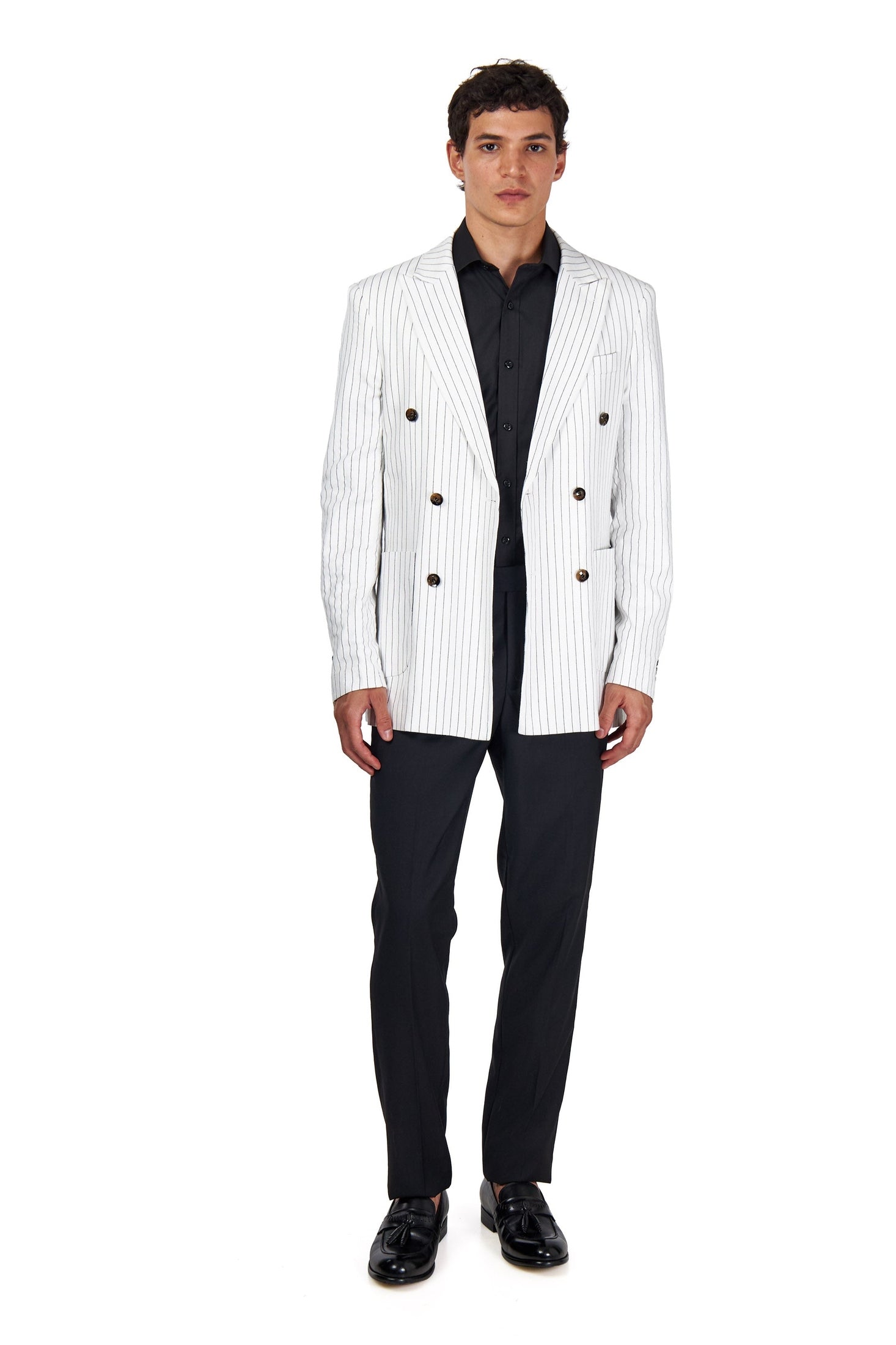 LLOYD – Double Breasted Linen Jacket In White Pinstripes