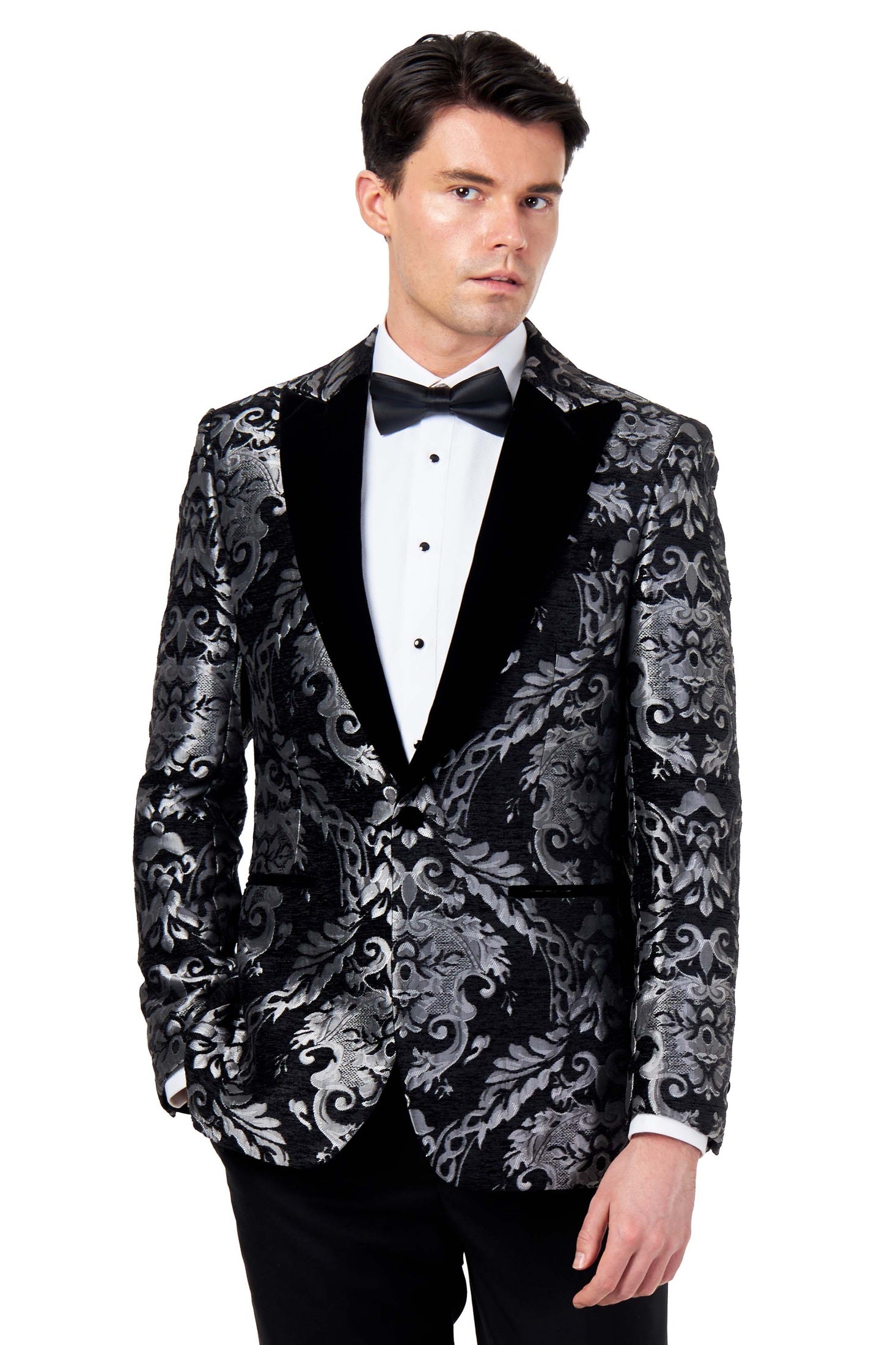 GLEN – SILVER GREY PAISLEY BROCADE PRINT TUX JACKET