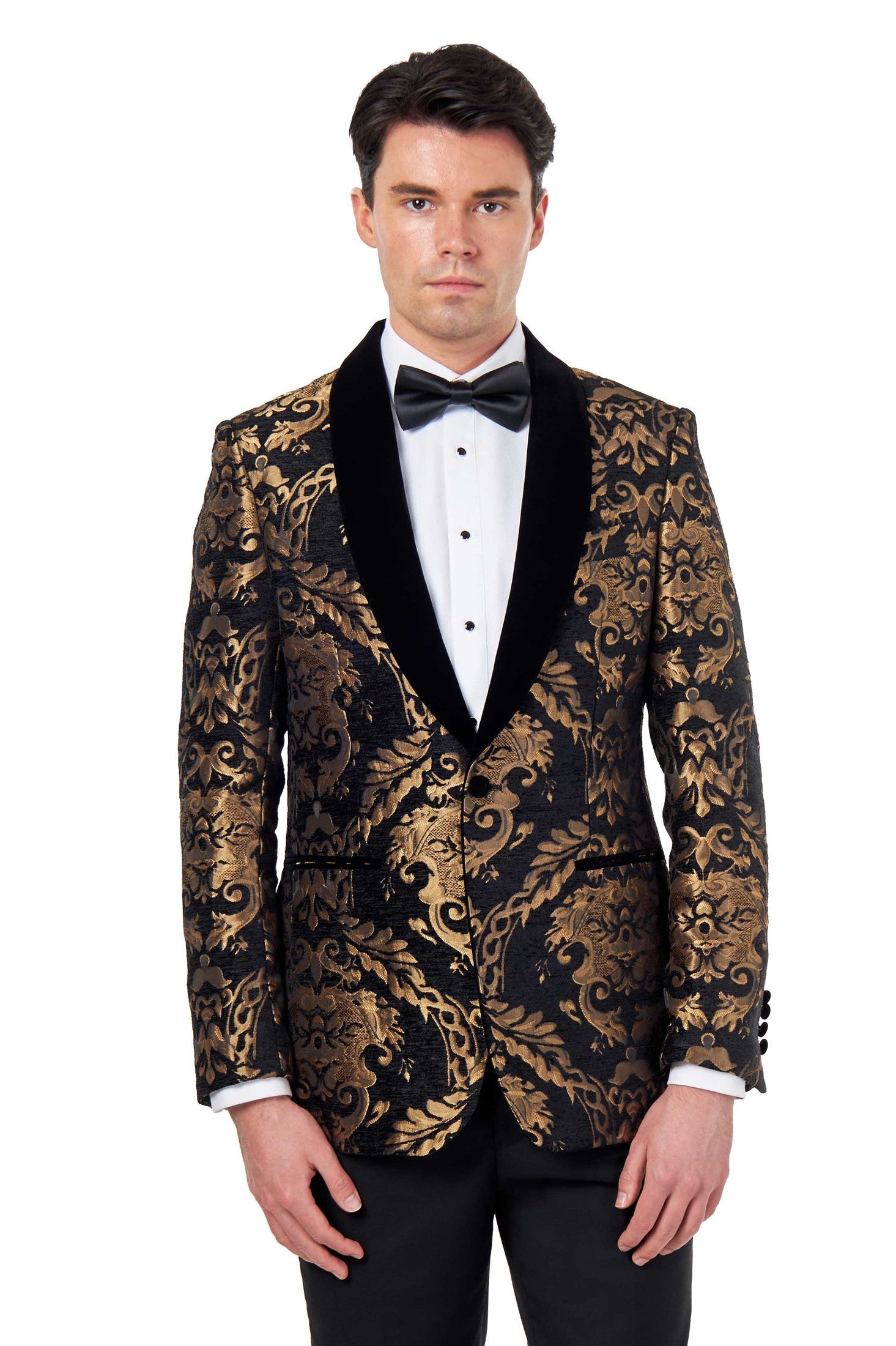 GLEN – TUXEDO JACKET GOLD ORNATE JACQUARD PRINT ON BLACK