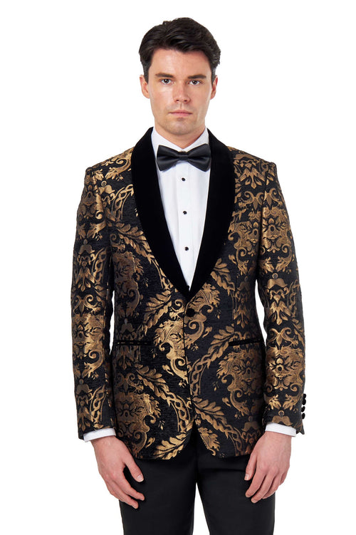 GLEN – TUXEDO JACKET GOLD ORNATE JACQUARD PRINT ON BLACK