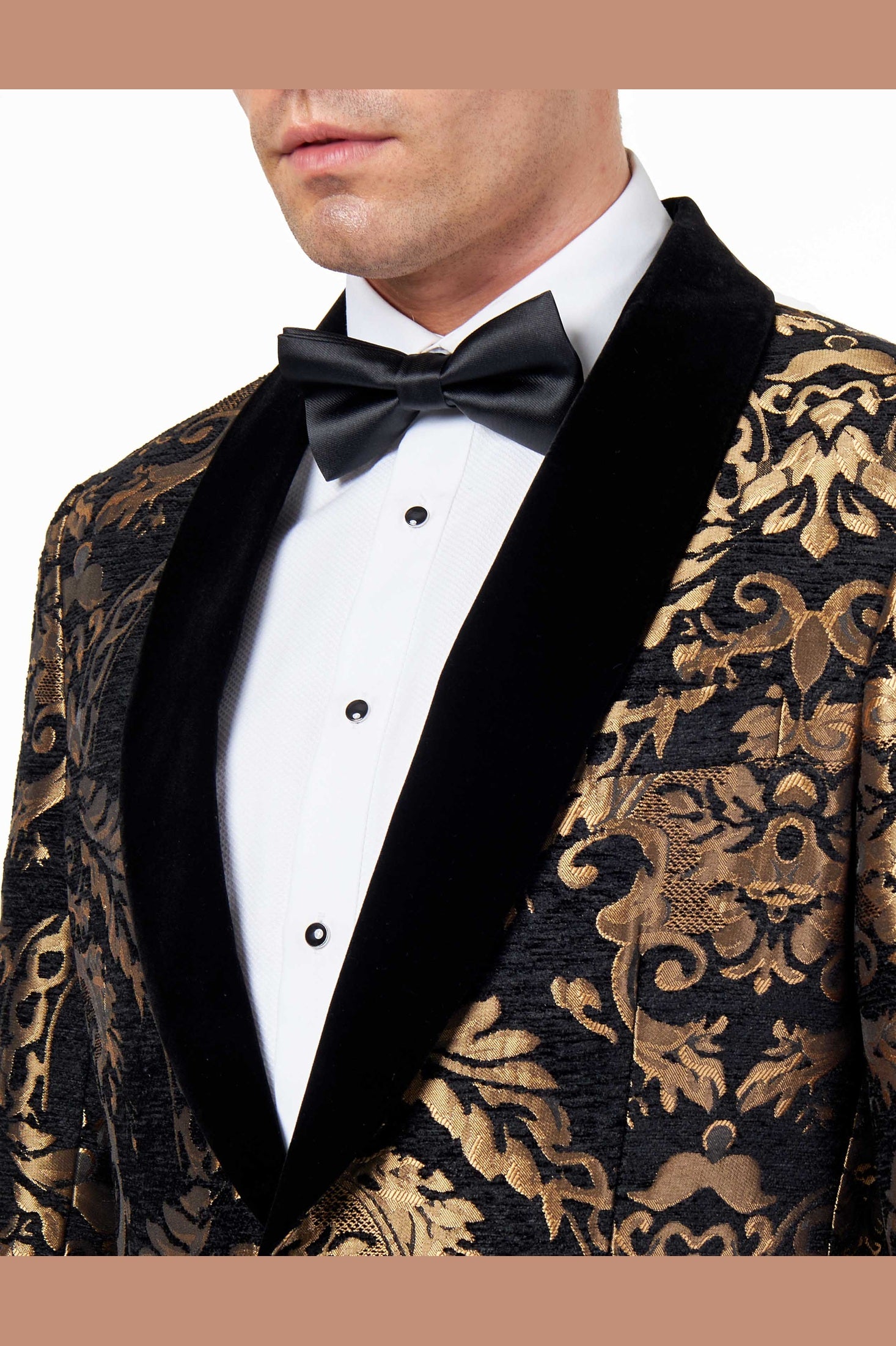 GLEN – TUXEDO JACKET GOLD ORNATE JACQUARD PRINT ON BLACK