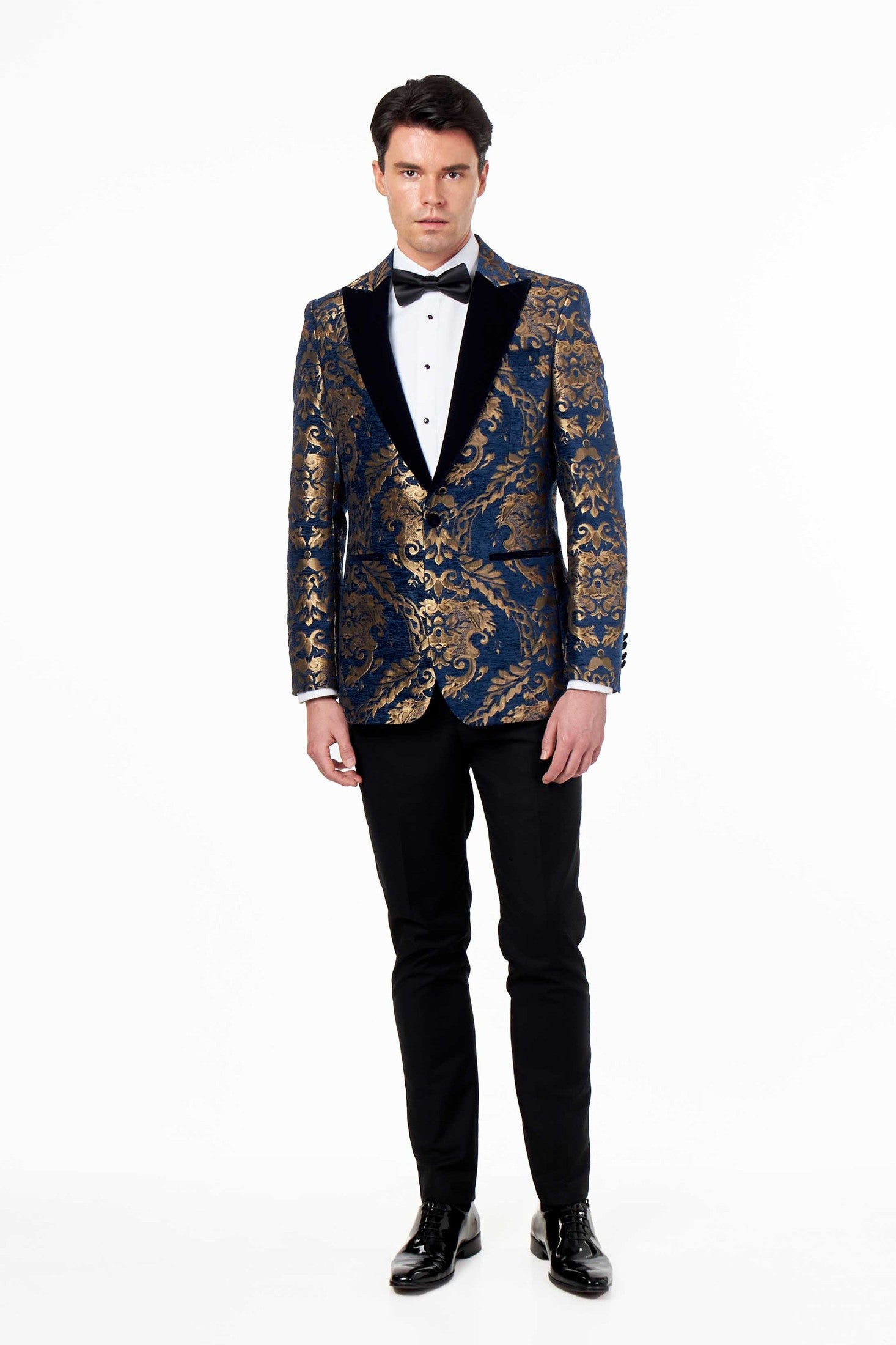 GLEN - GOLD BROCADE ON FLOCKED NAVY VELVET LAPEL JACQUARD BLAZER