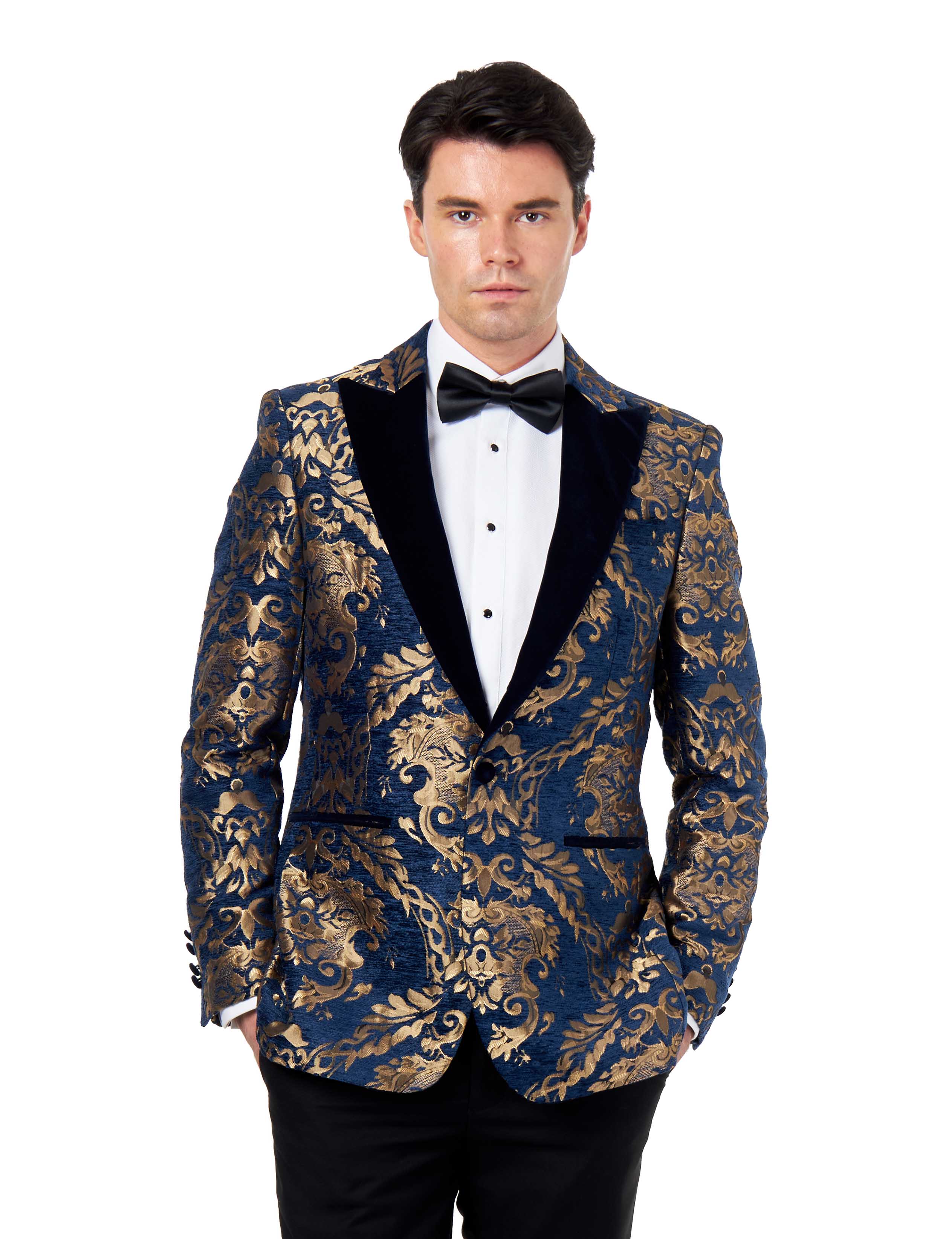 GLEN - GOLD BROCADE ON FLOCKED NAVY VELVET LAPEL JACQUARD BLAZER