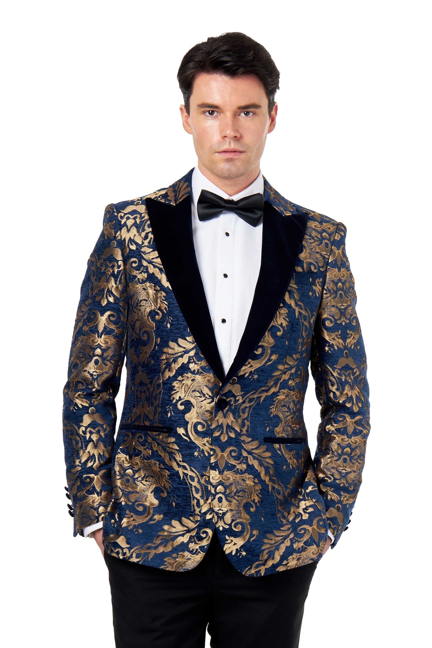 GLEN - GOLD BROCADE ON FLOCKED NAVY VELVET LAPEL JACQUARD BLAZER