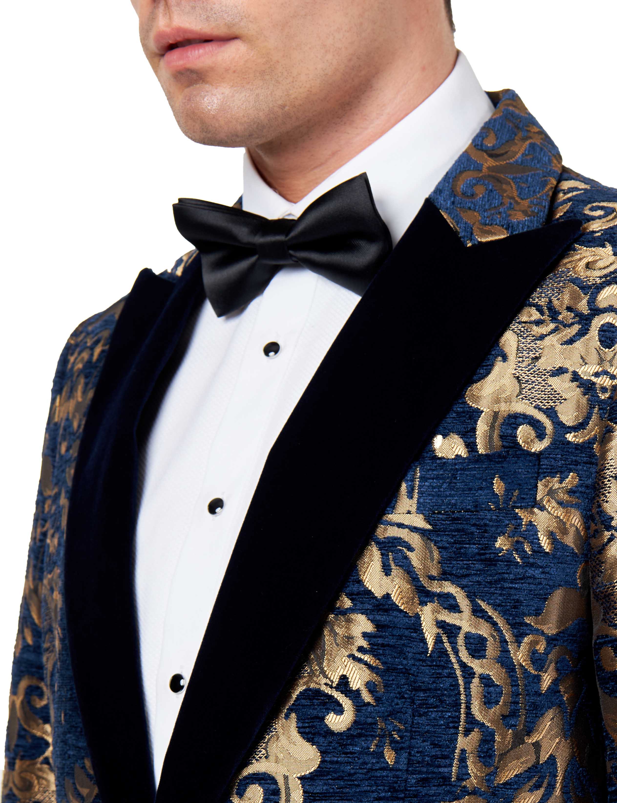 GLEN - GOLD BROCADE ON FLOCKED NAVY VELVET LAPEL JACQUARD BLAZER