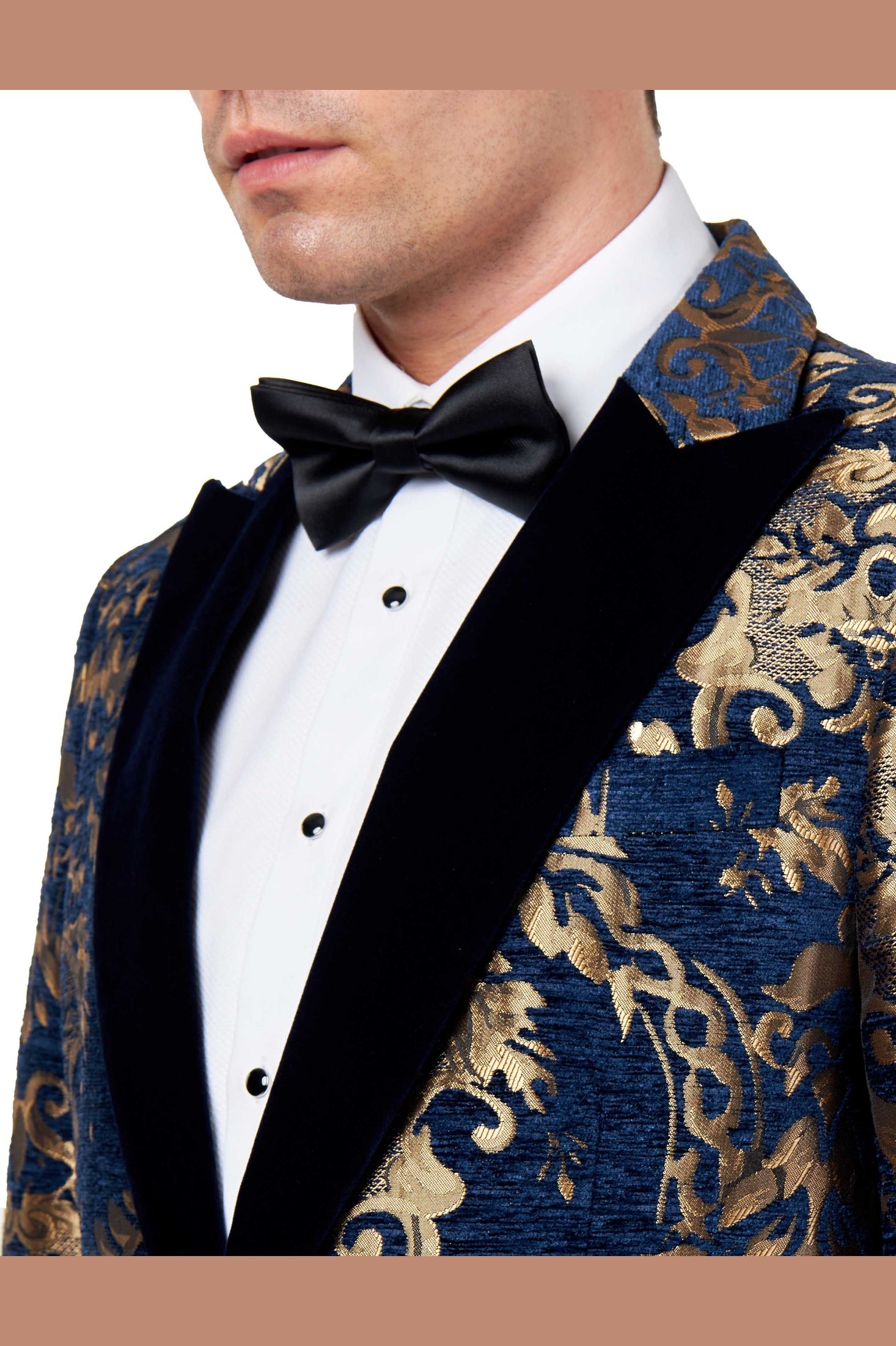 GLEN - GOLD BROCADE ON FLOCKED NAVY VELVET LAPEL JACQUARD BLAZER