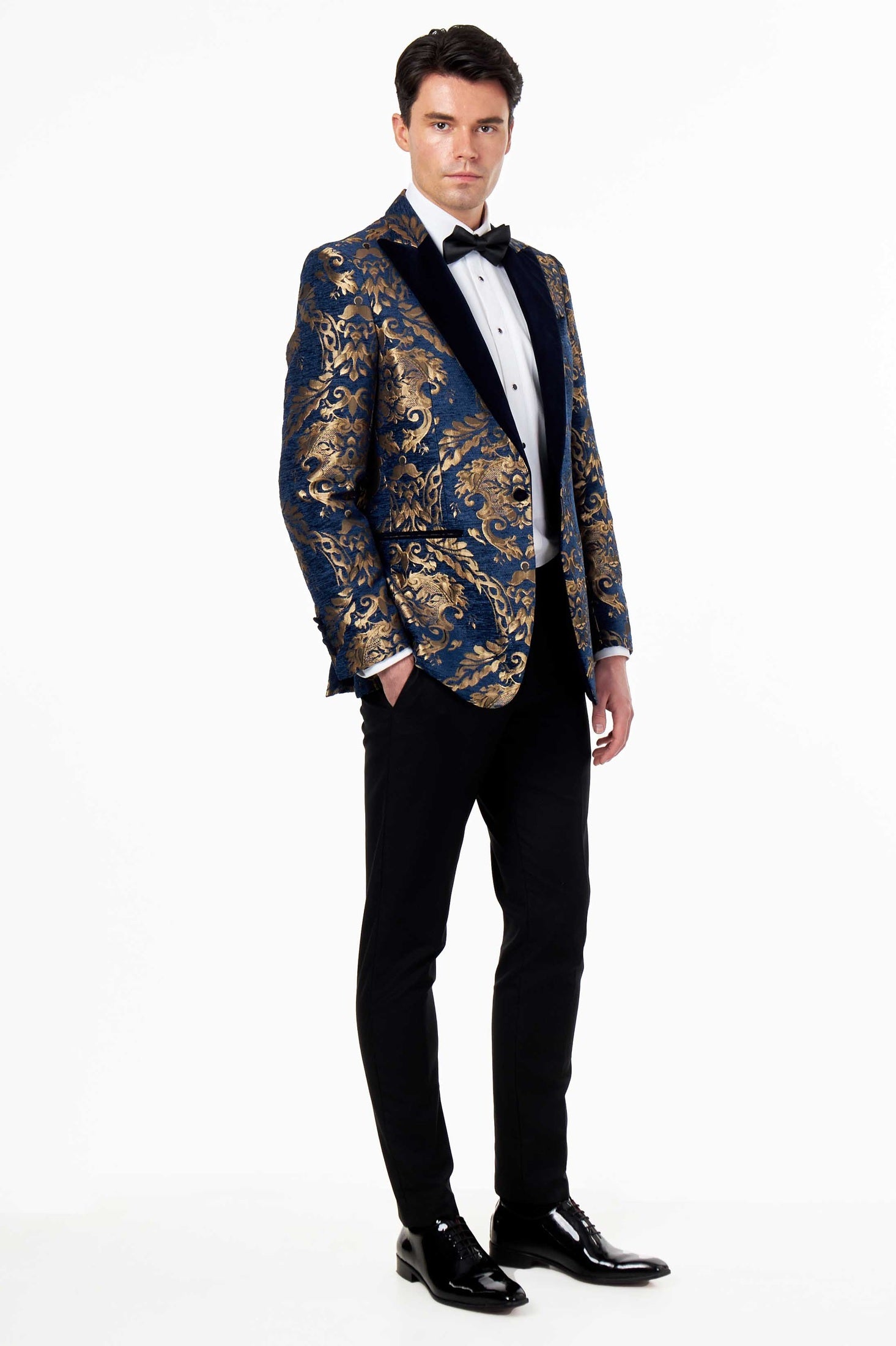 GLEN - GOLD BROCADE ON FLOCKED NAVY VELVET LAPEL JACQUARD BLAZER