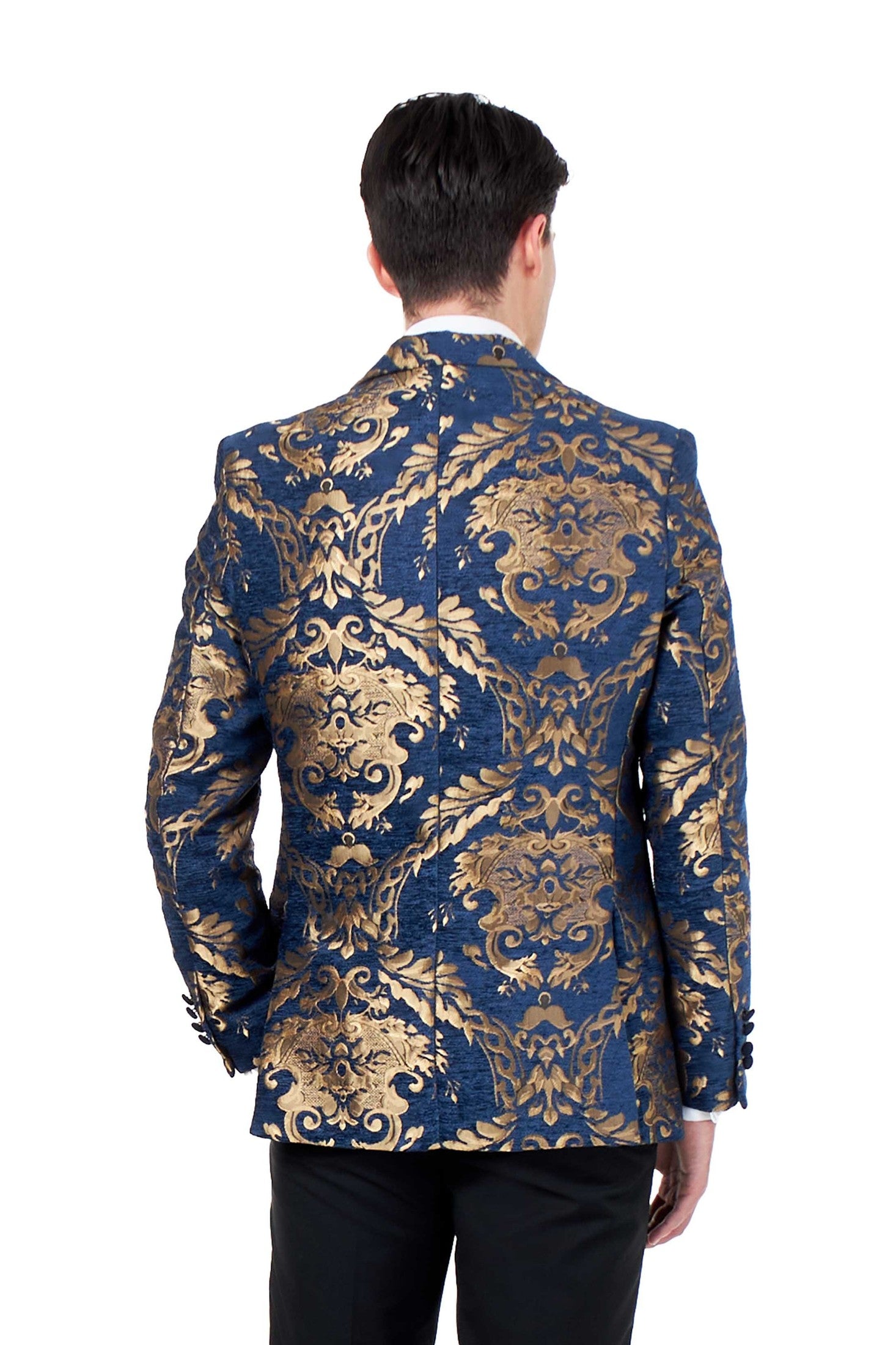 GLEN - GOLD BROCADE ON FLOCKED NAVY VELVET LAPEL JACQUARD BLAZER