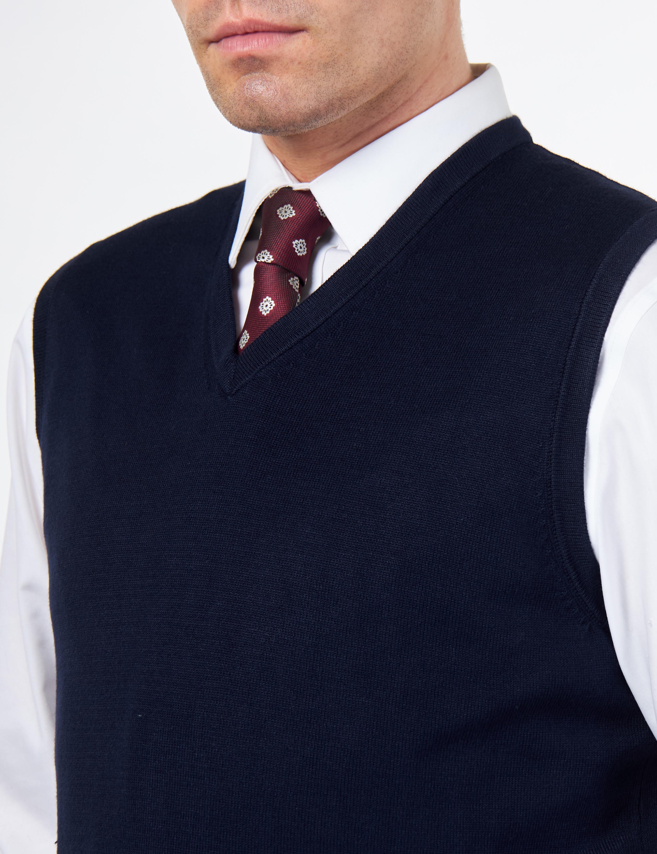 KNITTED COTTON NAVY SLEEVELESS JUMPER V-NECK VEST